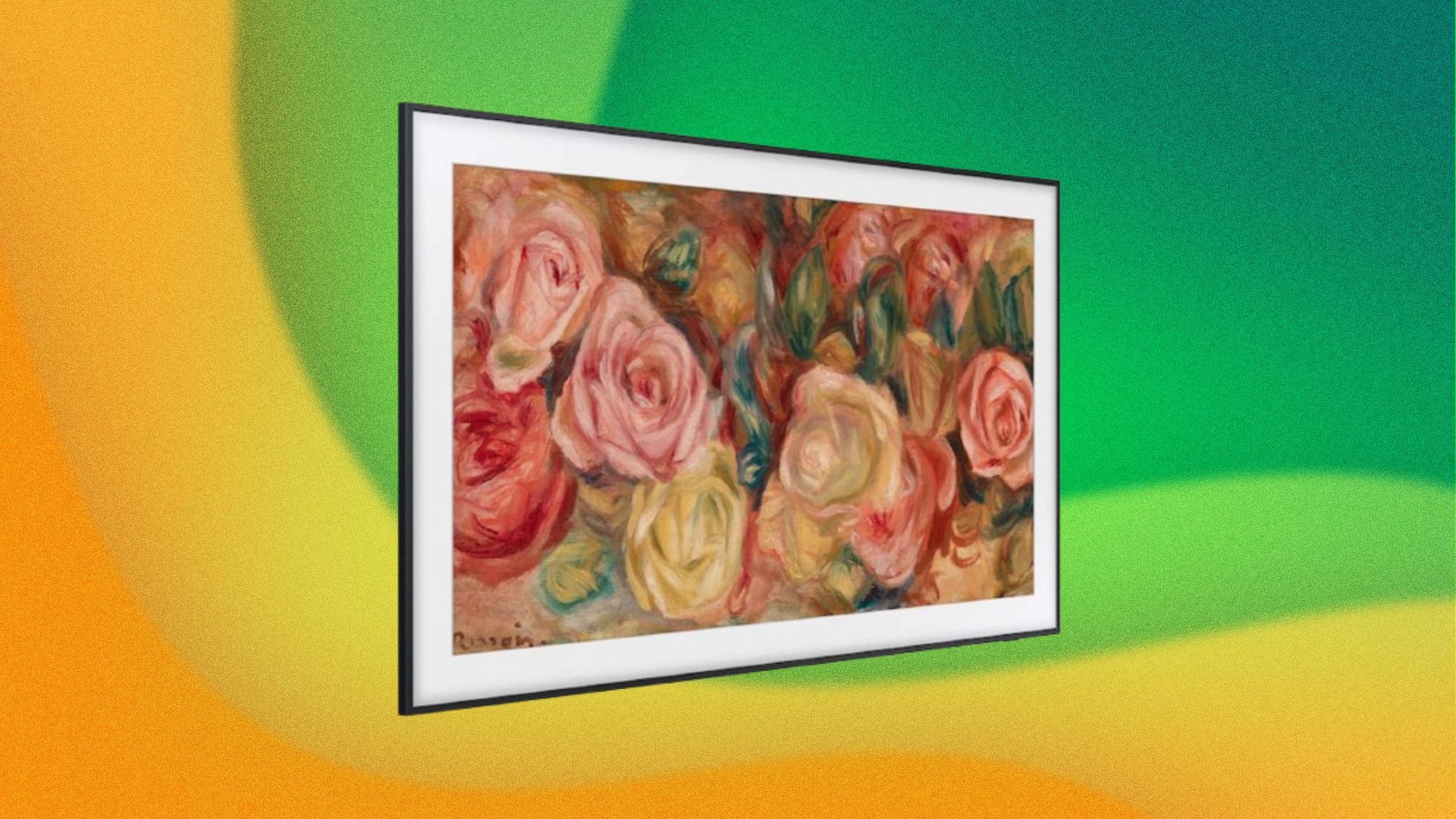 A Samsung Frame TV appears on an angle with roses on its screen. It is shown over swirly colors in green and yellow.