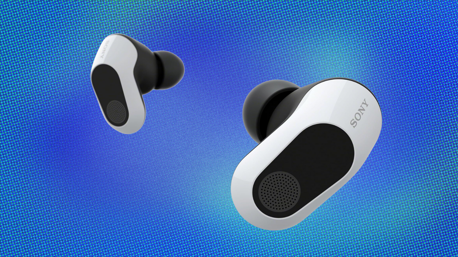 Sony Inzone Wireless Gaming Earbuds on blue and light blue pixelated background