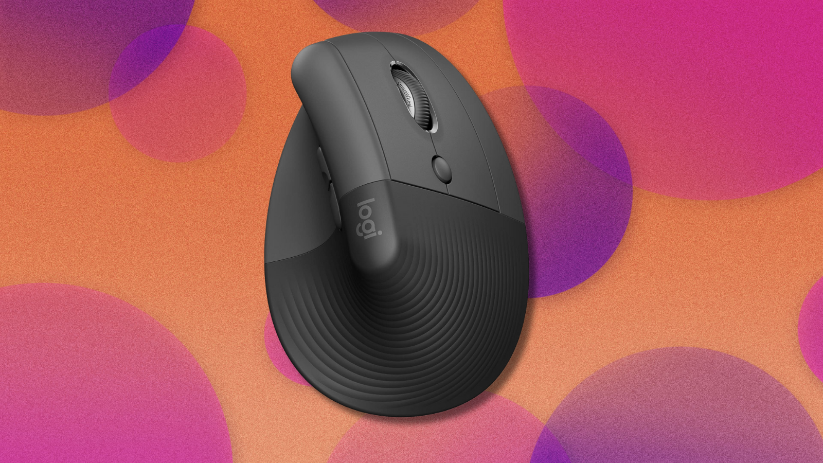 Logitech Lift Vertical Mouse on orange and purple abstract background
