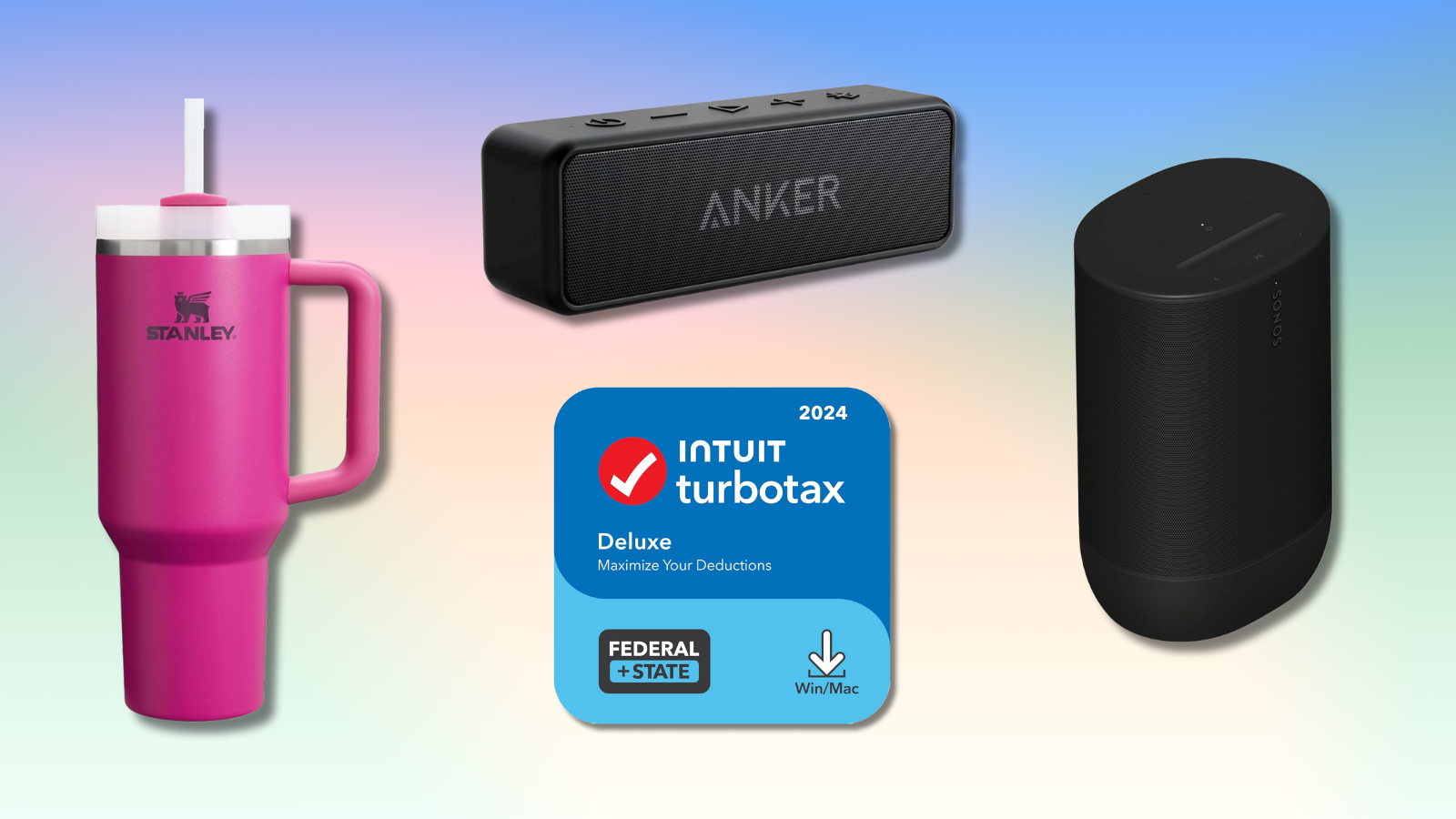 pink Stanley cup, TurboTax deluxe software, Soundcore portable speaker, and Sonos Move 2 with colorful background