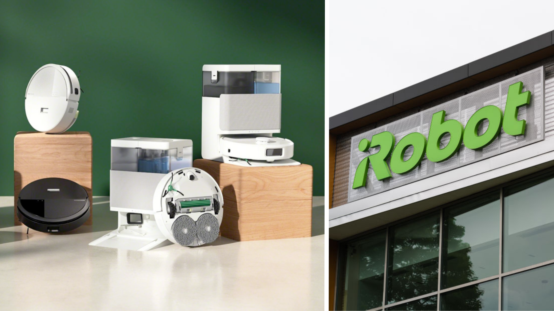 Two images side by side. On the left are four robot vacuums from iRobot's 2025 lineup. On the right is the iRobot logo on the iRobot headquarters in Bedford, Massachusetts, US.