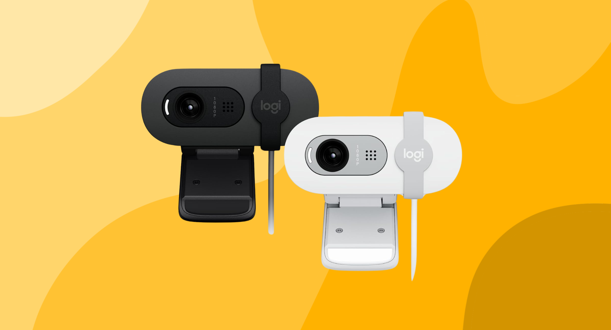 Two Logitech Brio 100 webcams are displayed against a bright yellow background with abstract, organic shapes.