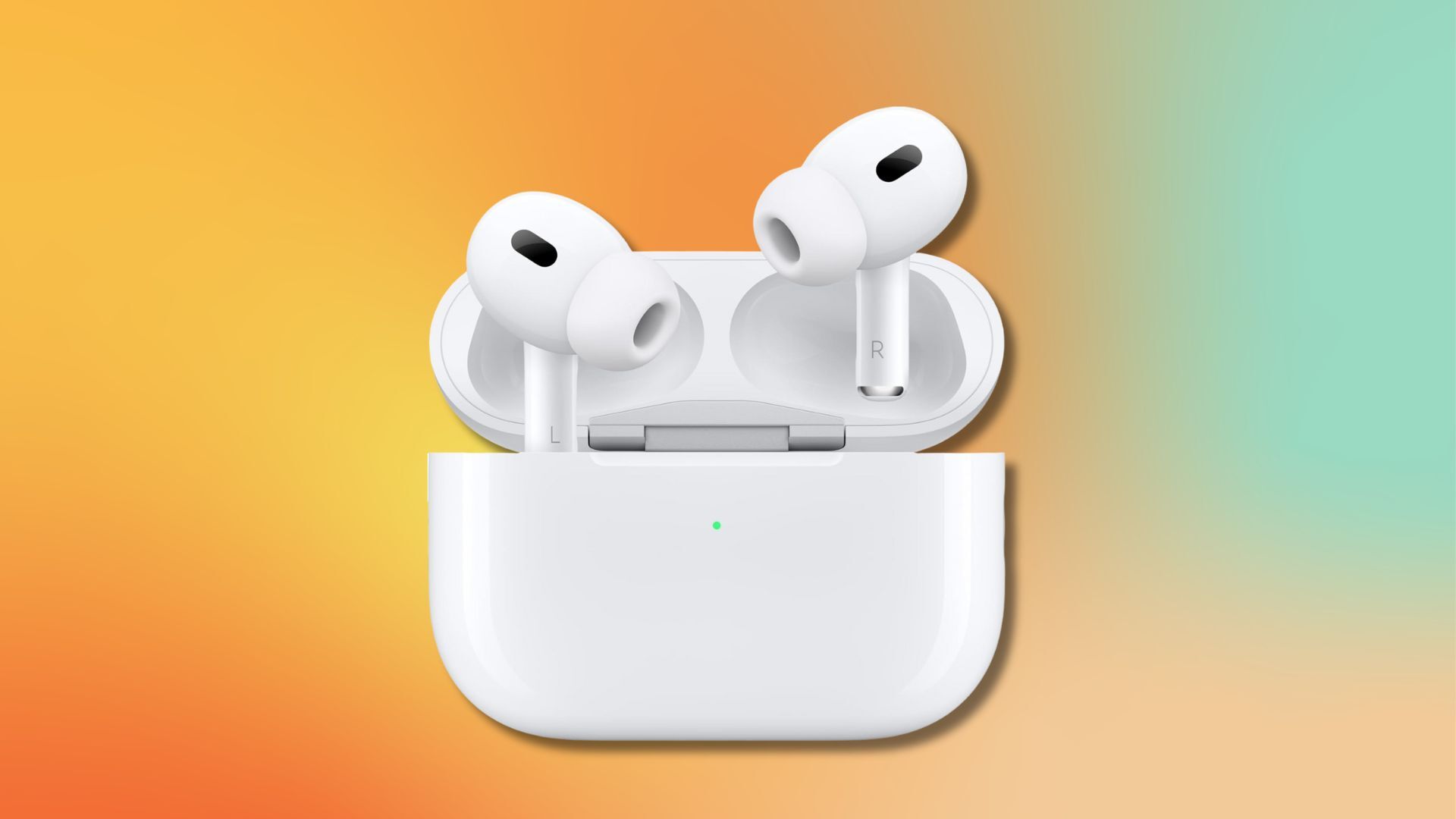 airpods pro 2 earbuds coming out of a case against a orange, yellow, and blue gradient background