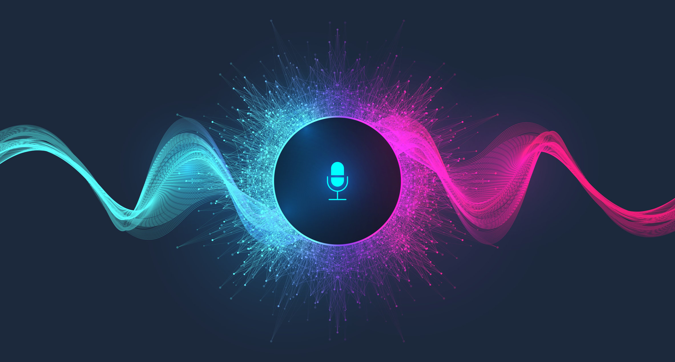 microphone icon surrounded by visualizations of sound waves. 