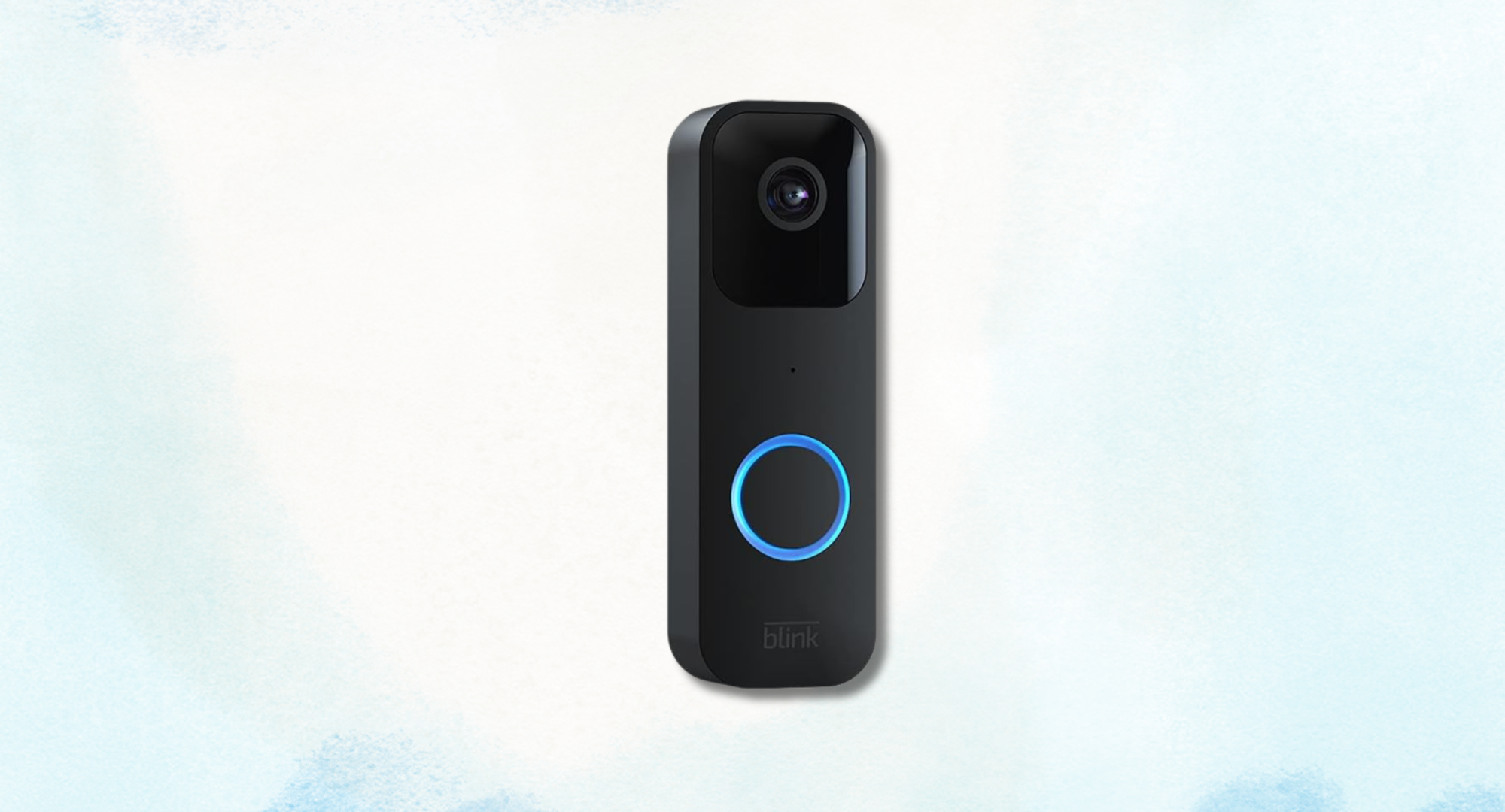 Black Blink video doorbell with a glowing blue ring on a light blue and white background.