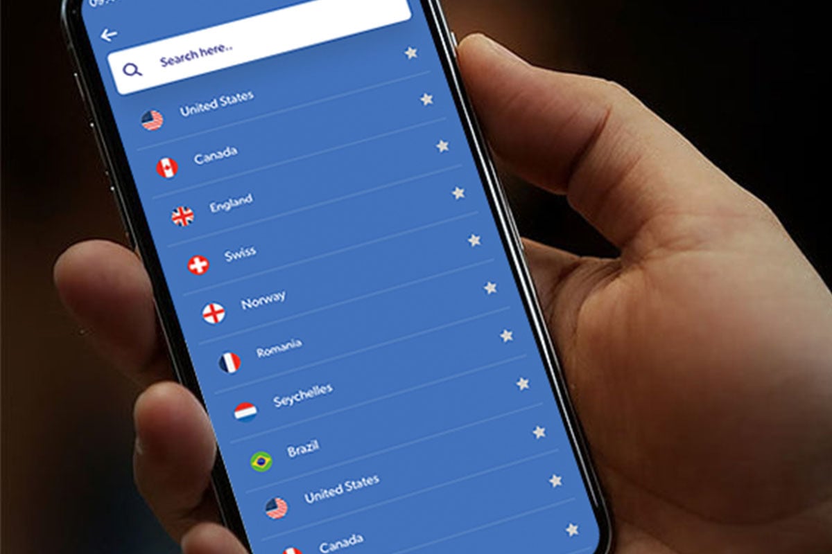 VPN app with available languages on phone display