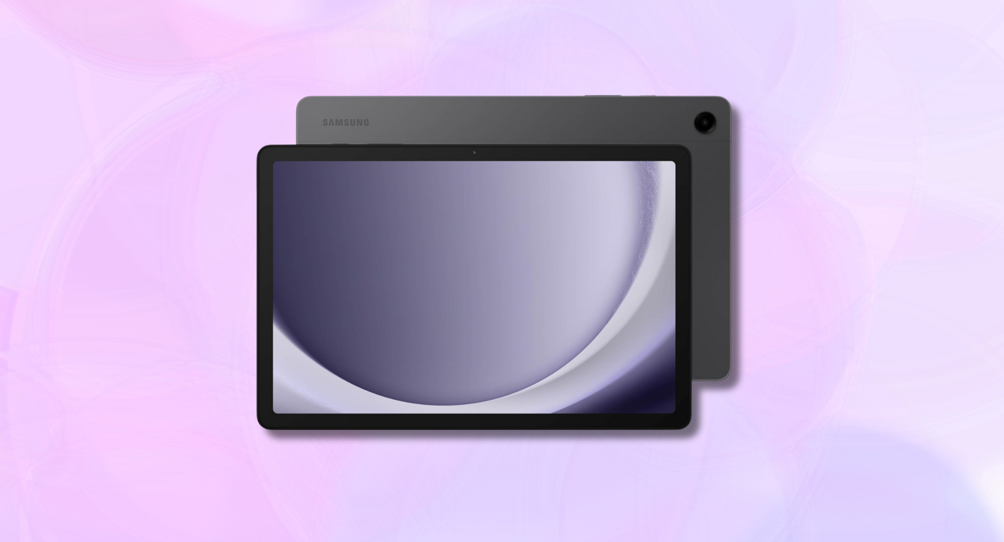 A front and rear view of a dark gray Samsung Galaxy Tab A9+ tablet.