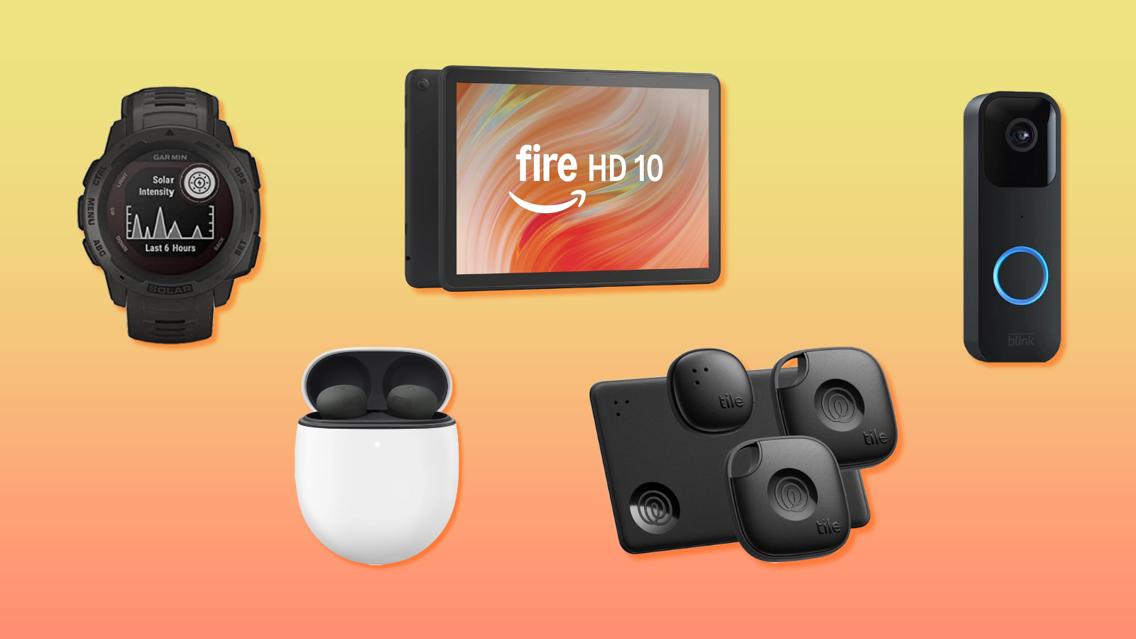 Garmin Instinct, Amazon Fire HD 10, Google Pixel Buds Pro 2, Tile starter pack, Blink video doorbell with yellow and orange background