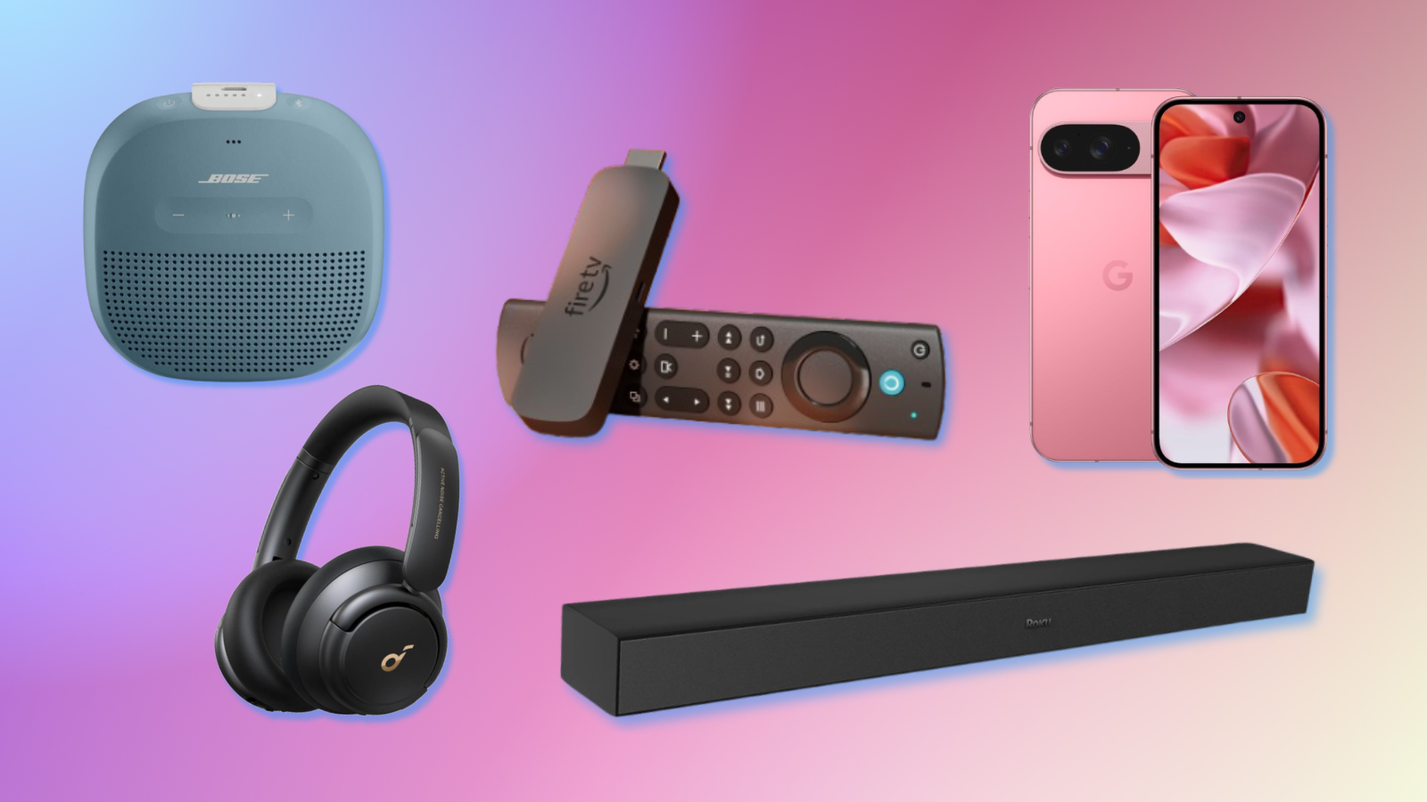 Bose SoundLink Micro, Amazon Fire TV Stick 4k Max, Soundcore Life Q30, Roku soundbar, and Google Pixel 9 with pink and blue gradient background