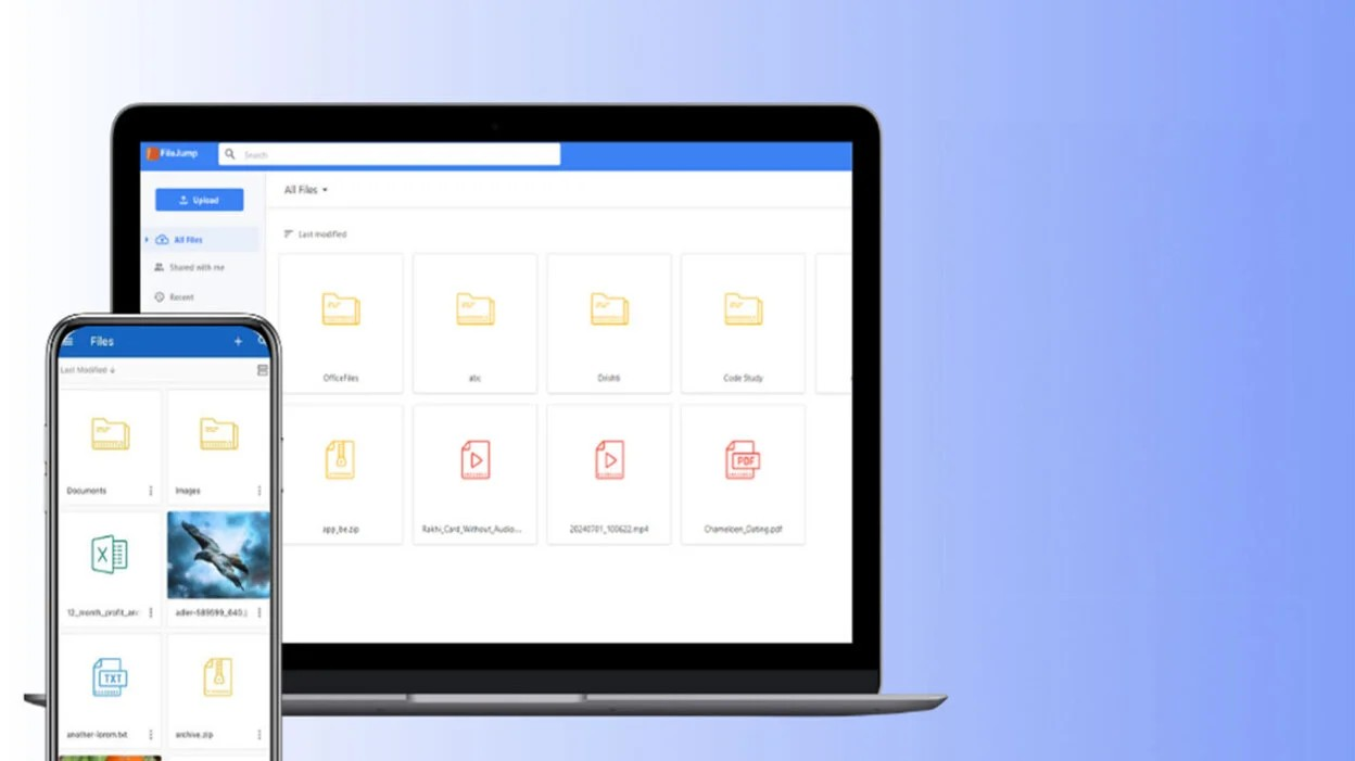 FileJump app on laptop and smartphone screen