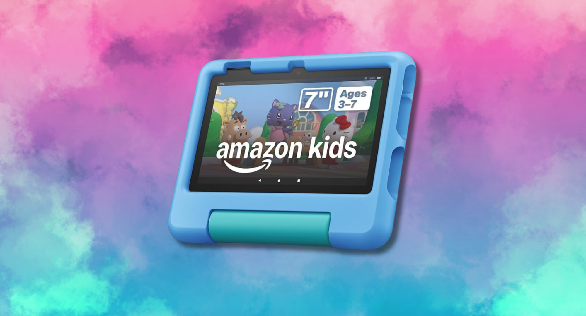 Blue Amazon Fire 7 Kids tablet on a colorful, abstract background.