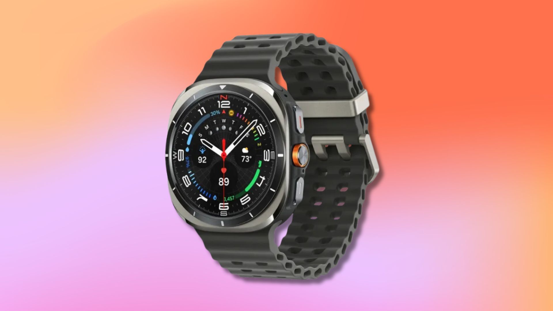 a dark gray samsung galaxy watch ultra smartwatch against a pink and orange gradient background