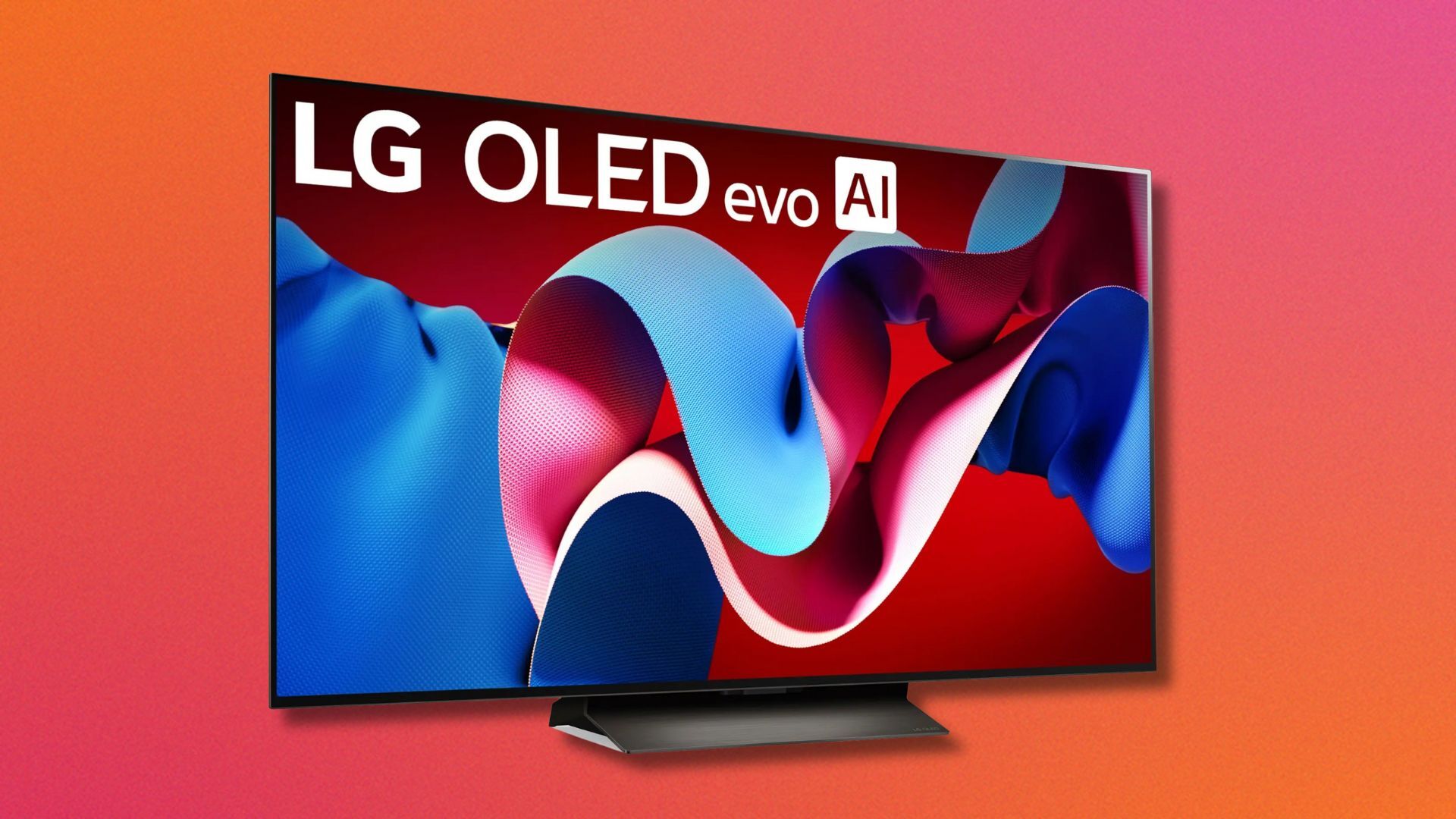 lg c4 oled tv angled against a pink and orange gradient background