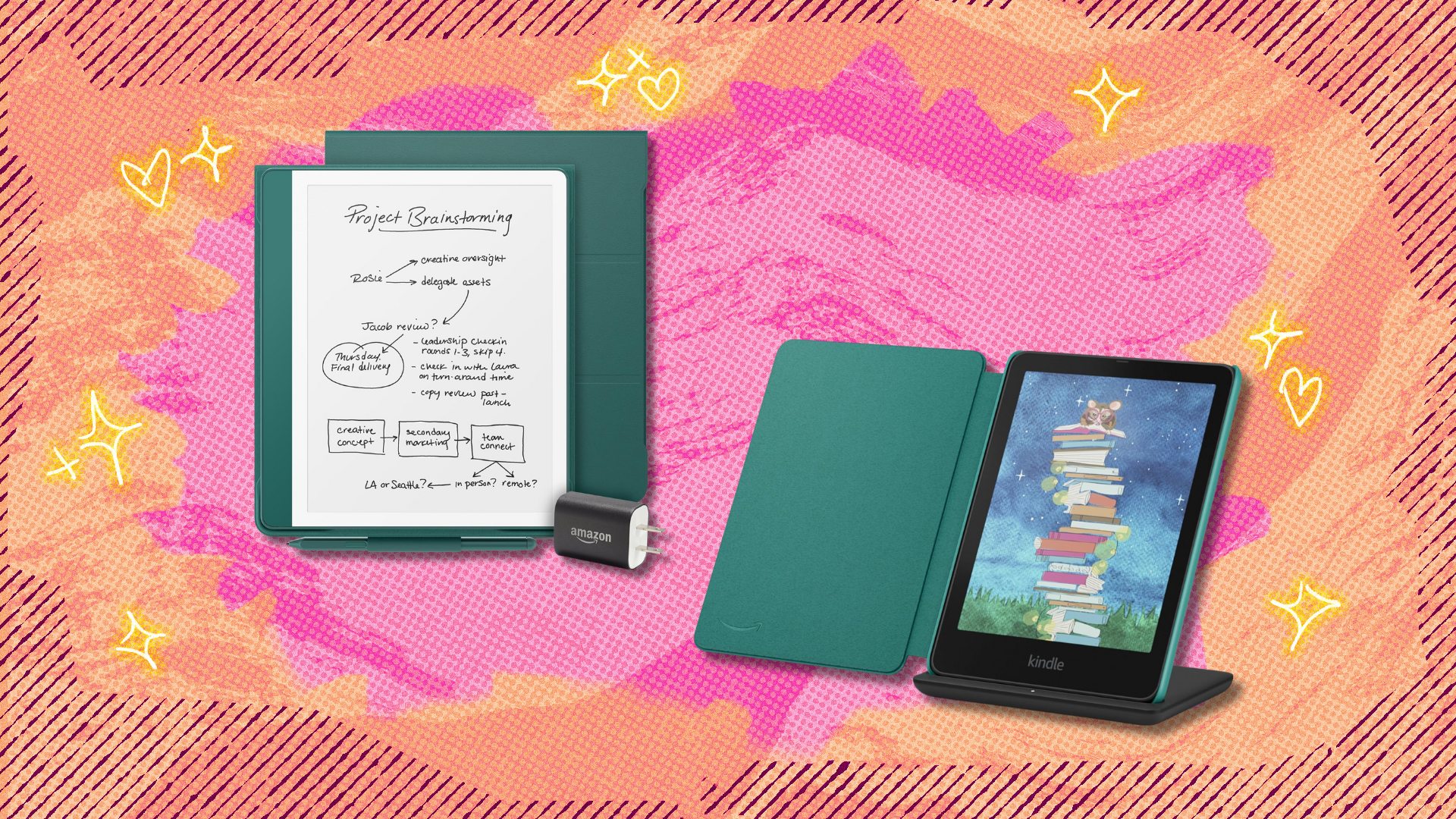 A colorful background with two Kindle e-readers on it