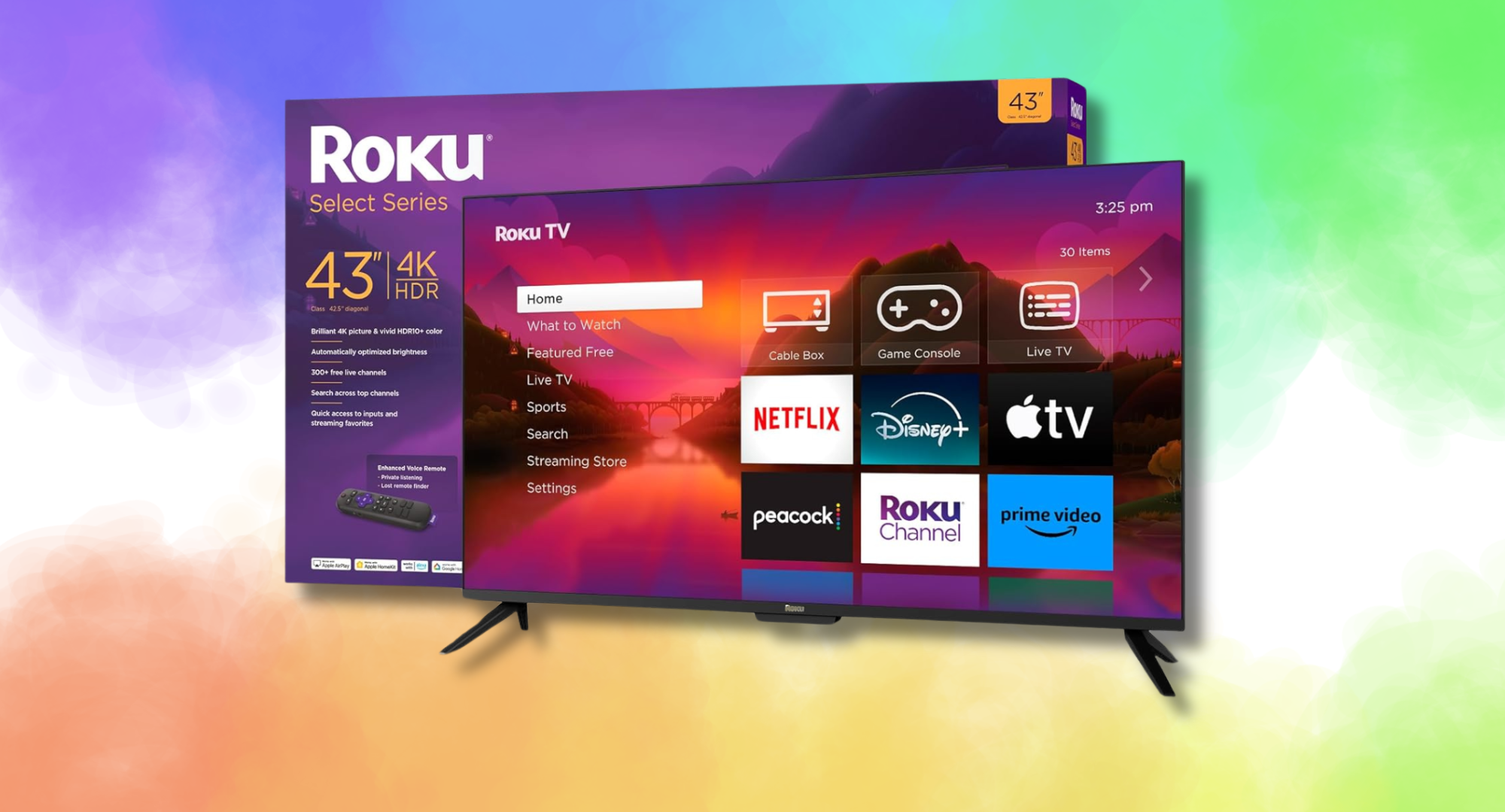 A 43-inch Roku Select Series television is displayed against a vibrant, abstract background with purple, green, and orange hues.