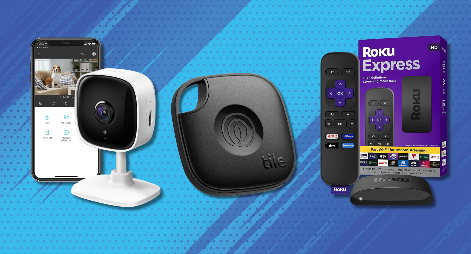 Four tech gadgets arranged on a blue background with a white pattern: a white security camera on a stand, a black Tile Mate tracker, and a Roku Express streaming device.