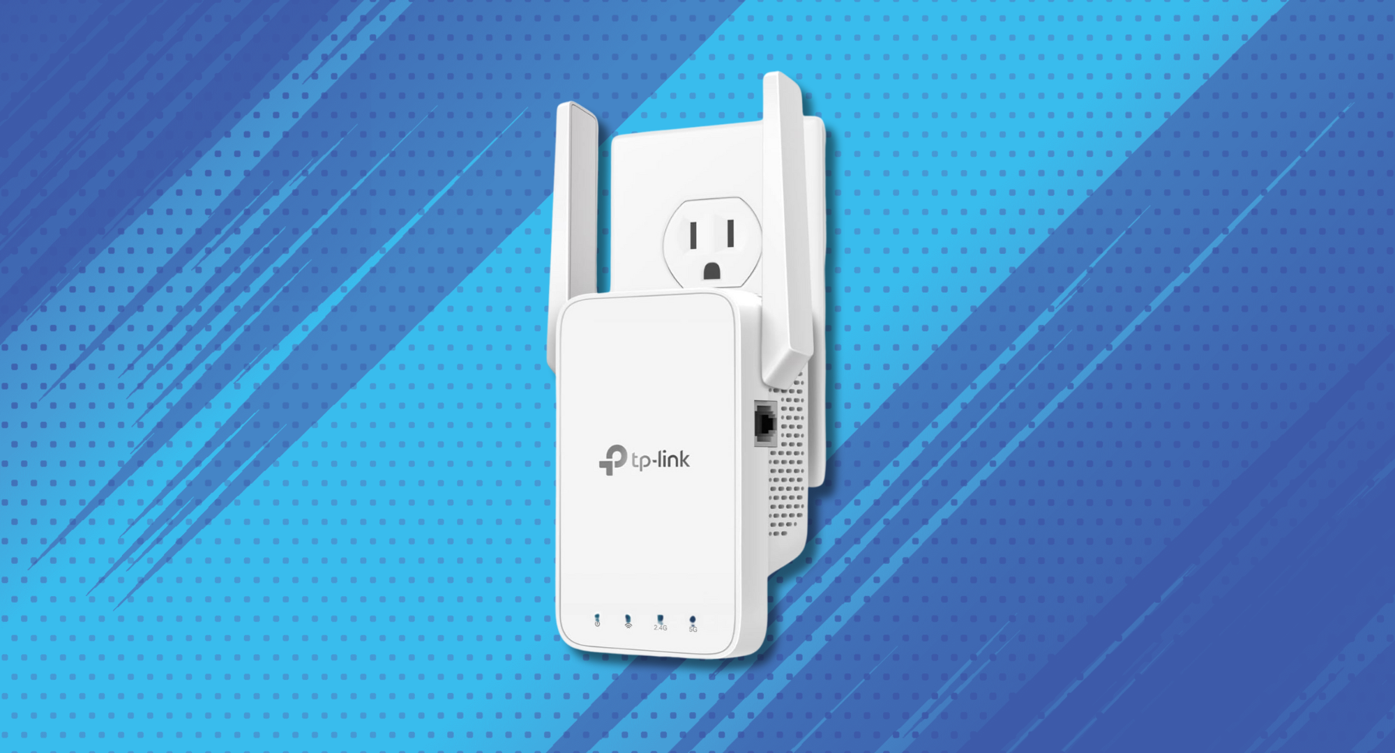 A close-up, angled studio shot of a white TP-Link AC1200 Wi-Fi Range Extender plugged into an outlet on a blue background with a dotted pattern