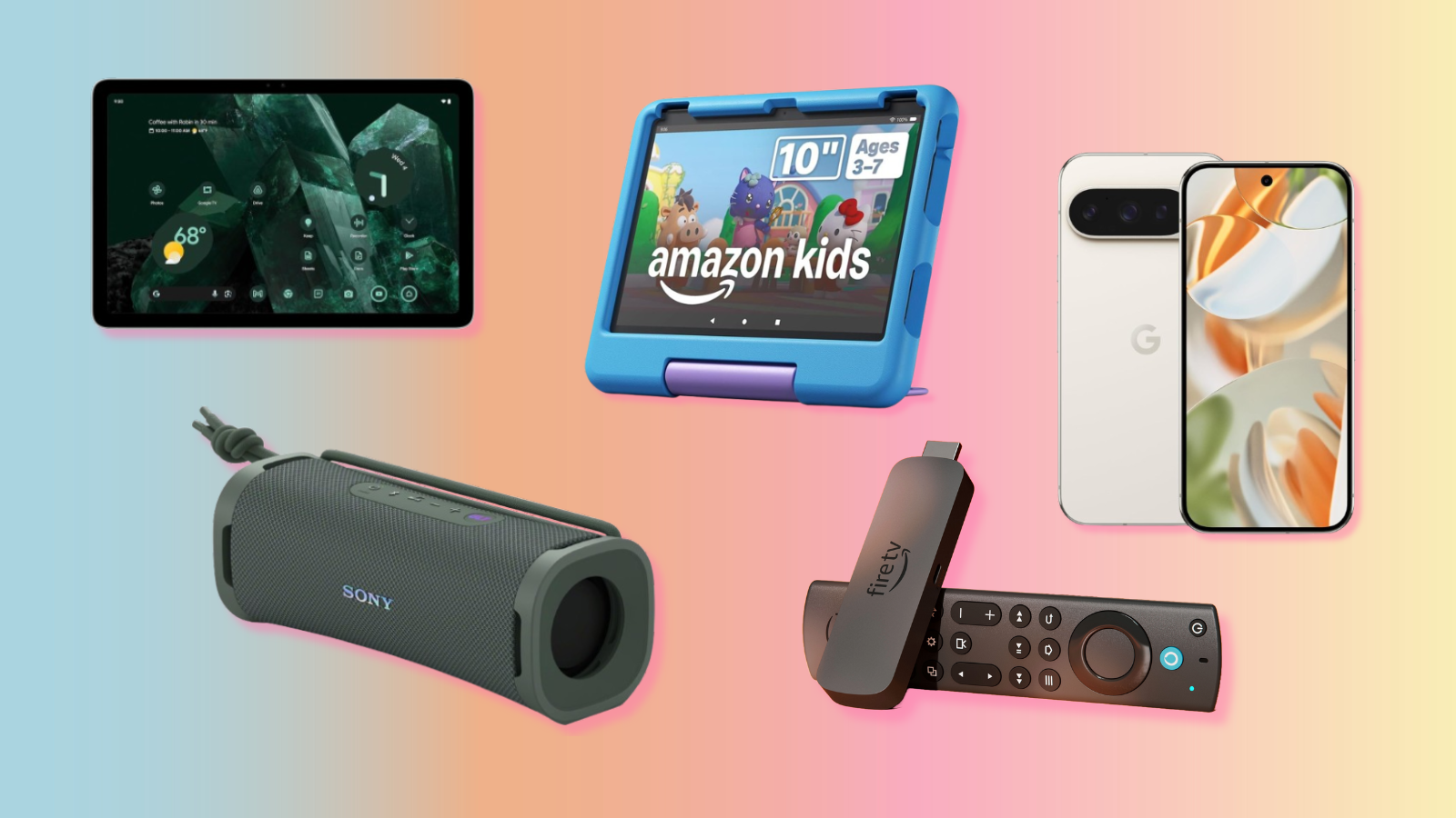 Google Pixel tablet, Amazon Fire 10 Kids, Sony ULT Field 1 , Fire TV Stick 4K Max, and Google Pixel 9 Pro with multicolor background