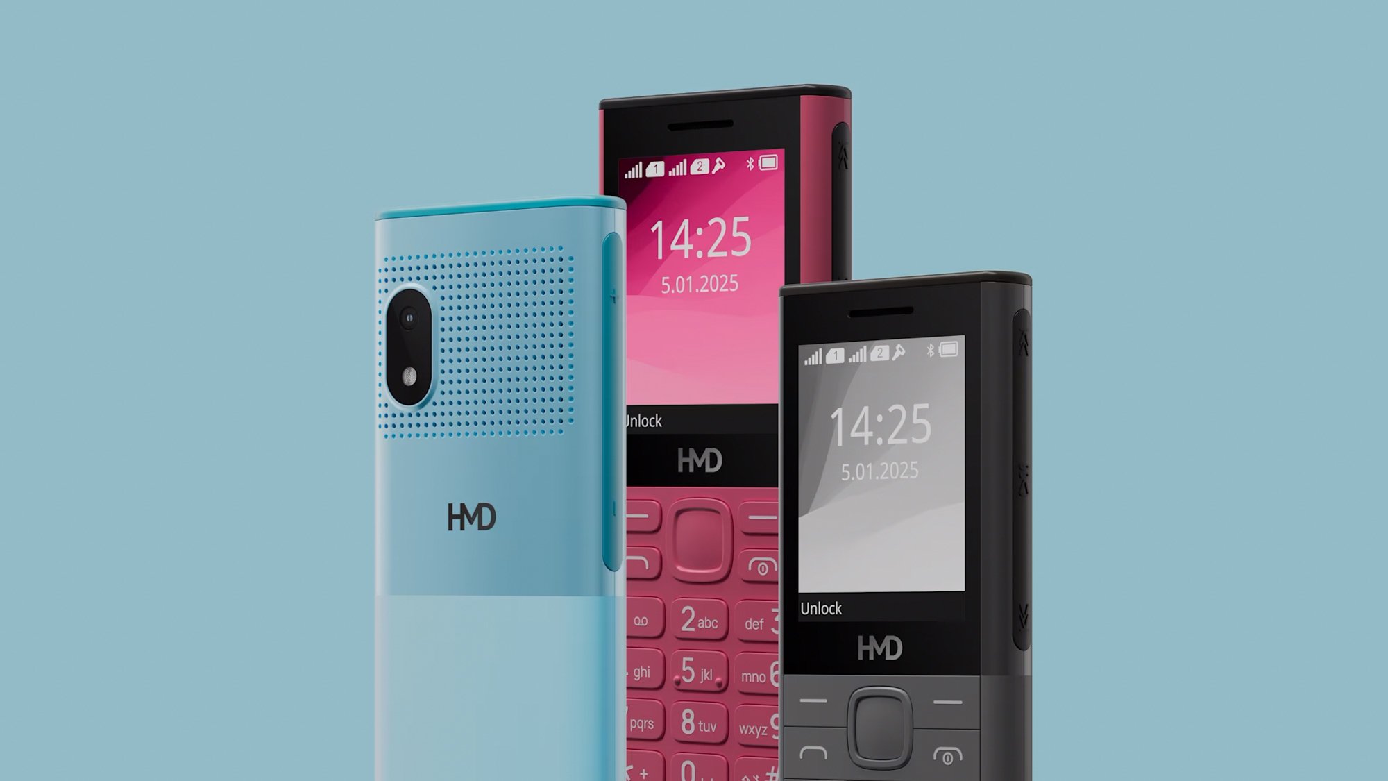 HMD phones on a blue background.