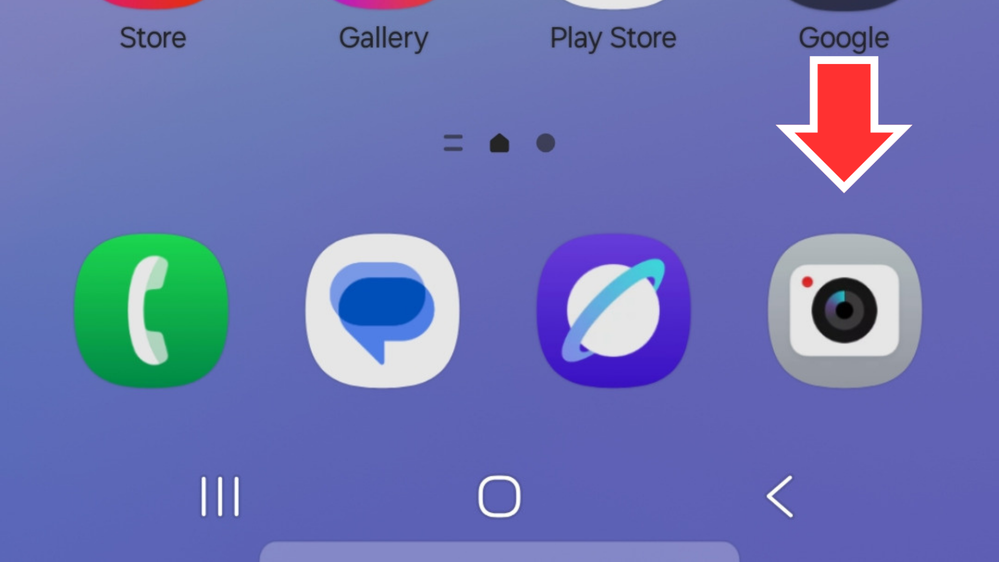 A Samsung phone's home page, with a red arrow pointing to the Camera app icon.