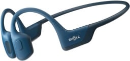 a pair of the shokz openrun pro bone-conducting headphones in steel blue