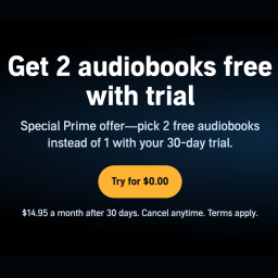 the words "Get two audiobooks free with trial" against a dark background