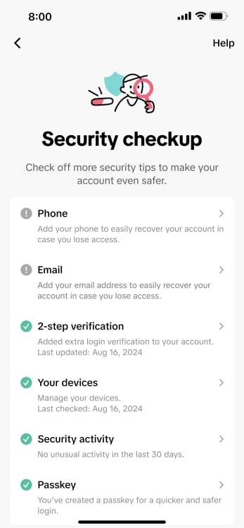 A screenshot of the new TikTok Security Checkup dashboard, with options to turn on two factor authentication, add a passkey, or monitor devices.