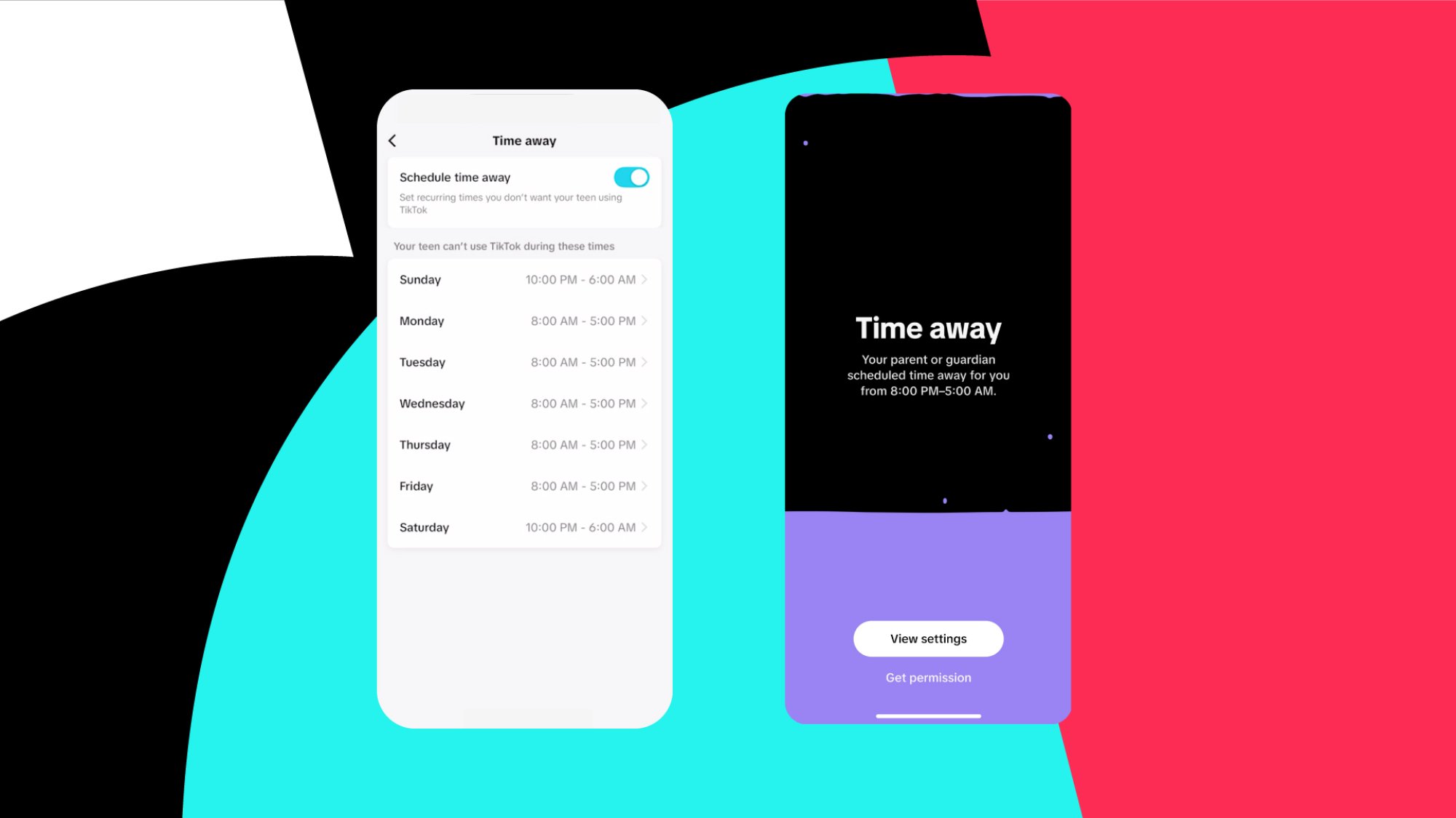 Two phone screenshots show how to turn on the time away feature in TikTok settings.