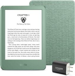 matcha colored kindle, case, and power adapter against a white background