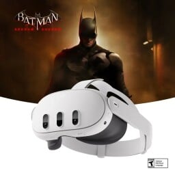 a meta quest 3 vr headset with batman from the batman: arkham shadow game in the background