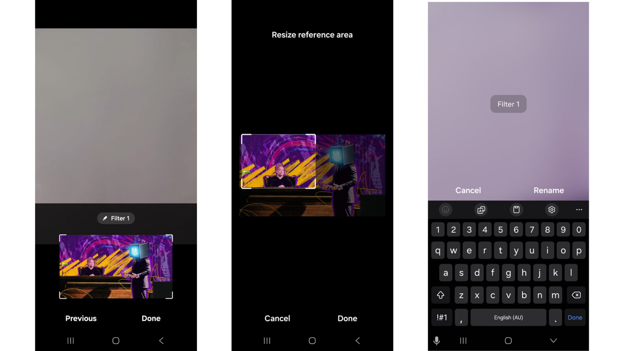 Screenshots illustrating renaming a custom Samsung Galaxy camera filter, as well as adjusting the image reference.