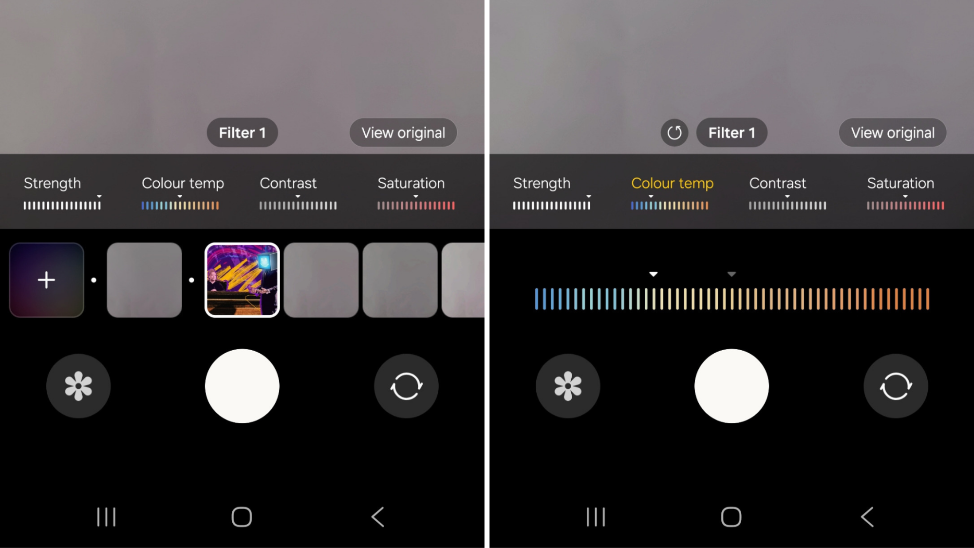 The settings for adjusting the saturation, colour temperature, and other such settings on custom filters on a Samsung Galaxy phone.