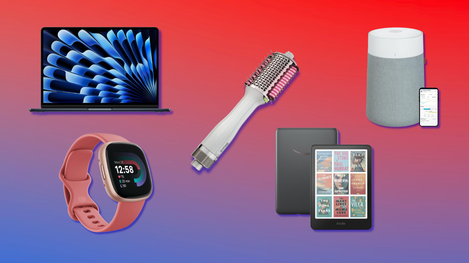 M4 MacBook Air, Kindle Colorsoft, Fitbit Versa 4, Shark SmoothStyle, and BlueAir Pure 311i Max with red and blue background
