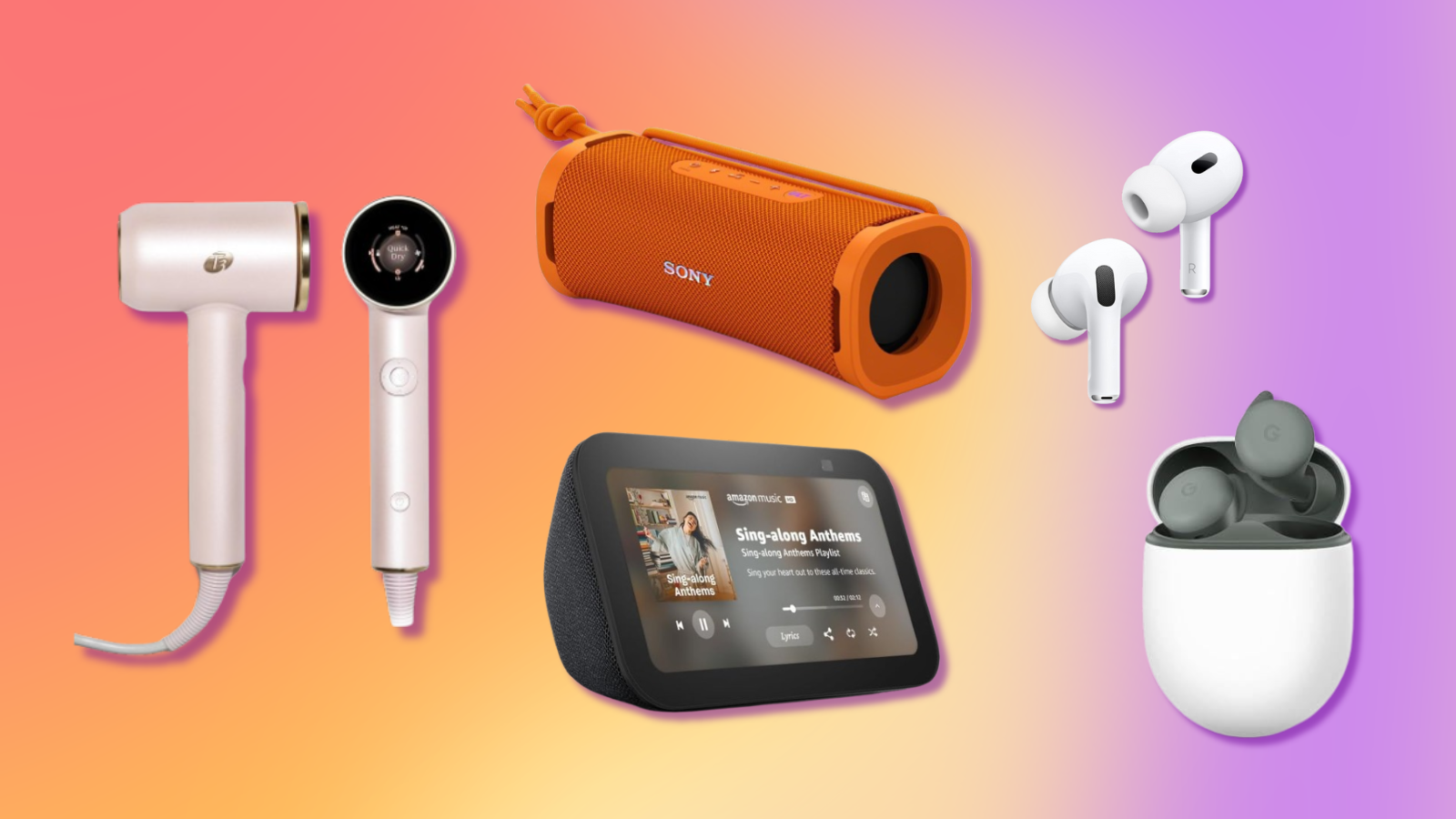 Sony ULT Field 1, Apple AirPods Pro 2, Google Pixel Buds A-Series, T3 Aire IQ, and Echo Show 5 with purple, orange, and yellow background