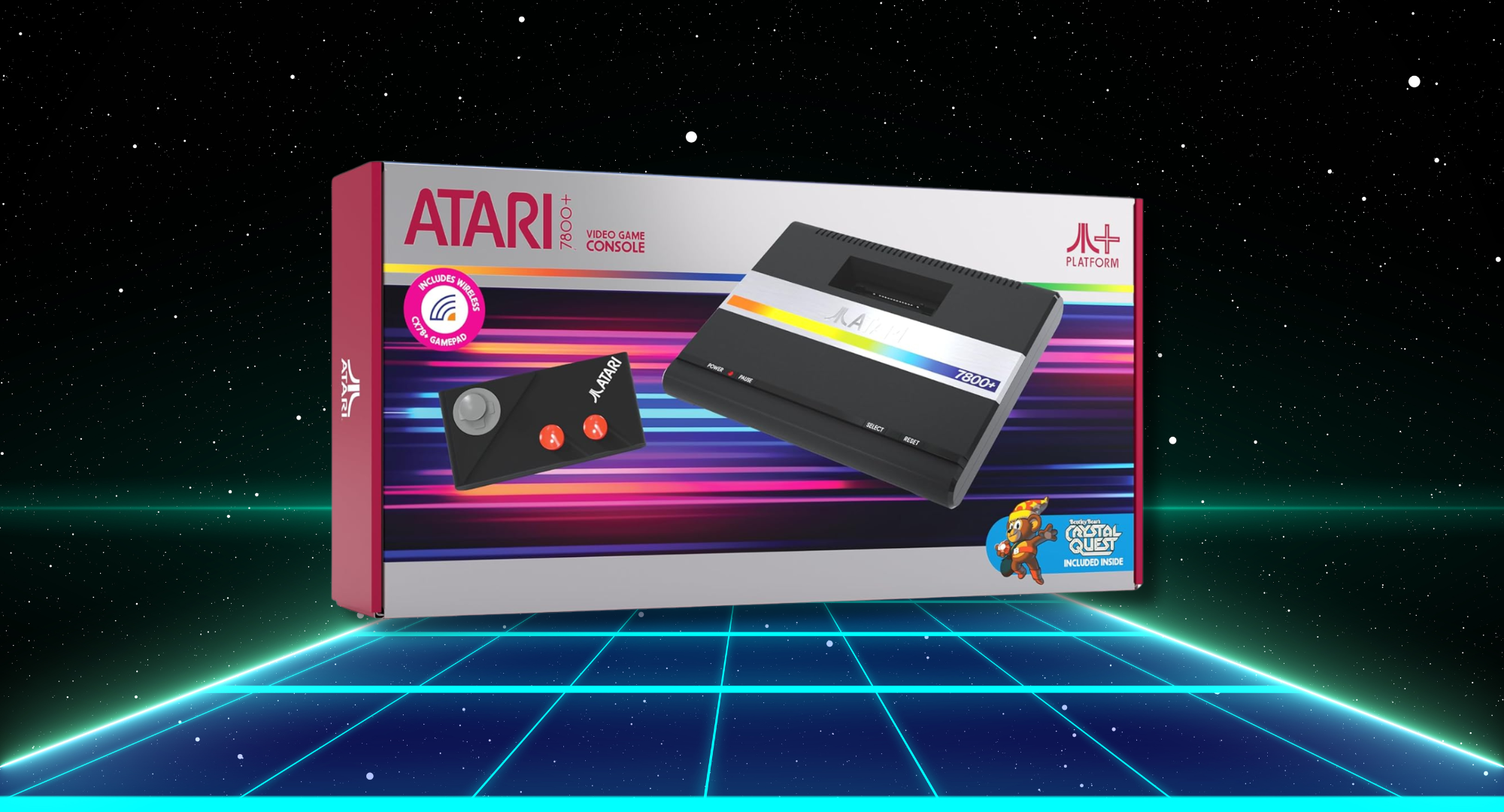 The retail box for the Atari 7800+ console, featuring images of the classic-style console and CX78+ joystick controller, set against a stylized background depicting a neon blue grid leading into starry space.