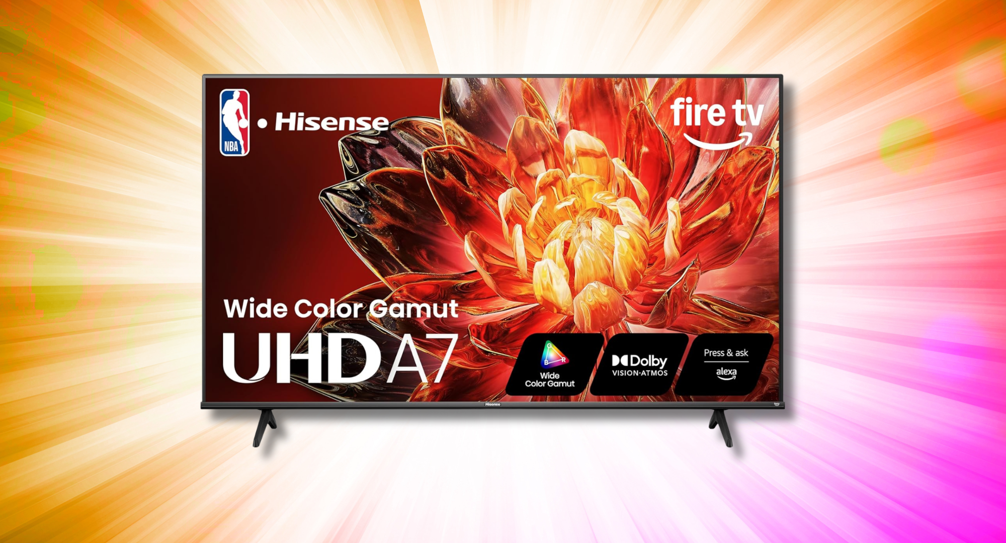 Front view of the Hisense A7 Series UHD Smart TV displaying a vibrant flower graphic and logos for its features, including Wide Color Gamut, Dolby Vision Atmos, and Fire TV, against a colorful, blurred background.