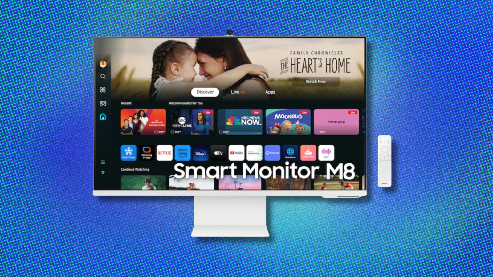 Samsung M8 Smart Monitor on light blue abstract background
