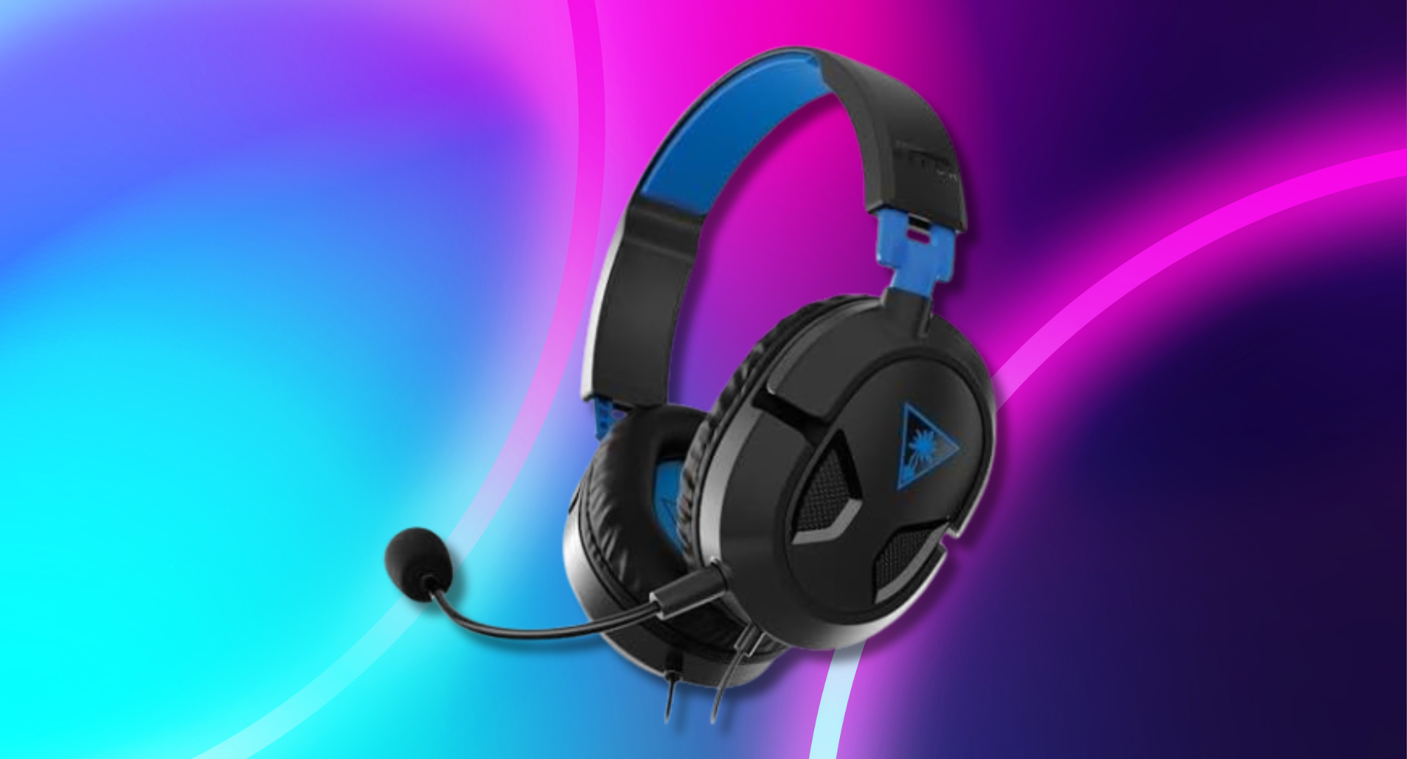 A three-quarter view of the Turtle Beach Recon 50P wired gaming headset, which is black with blue accents on the headband and earcups, shown against a vibrant, colorful blurred background.