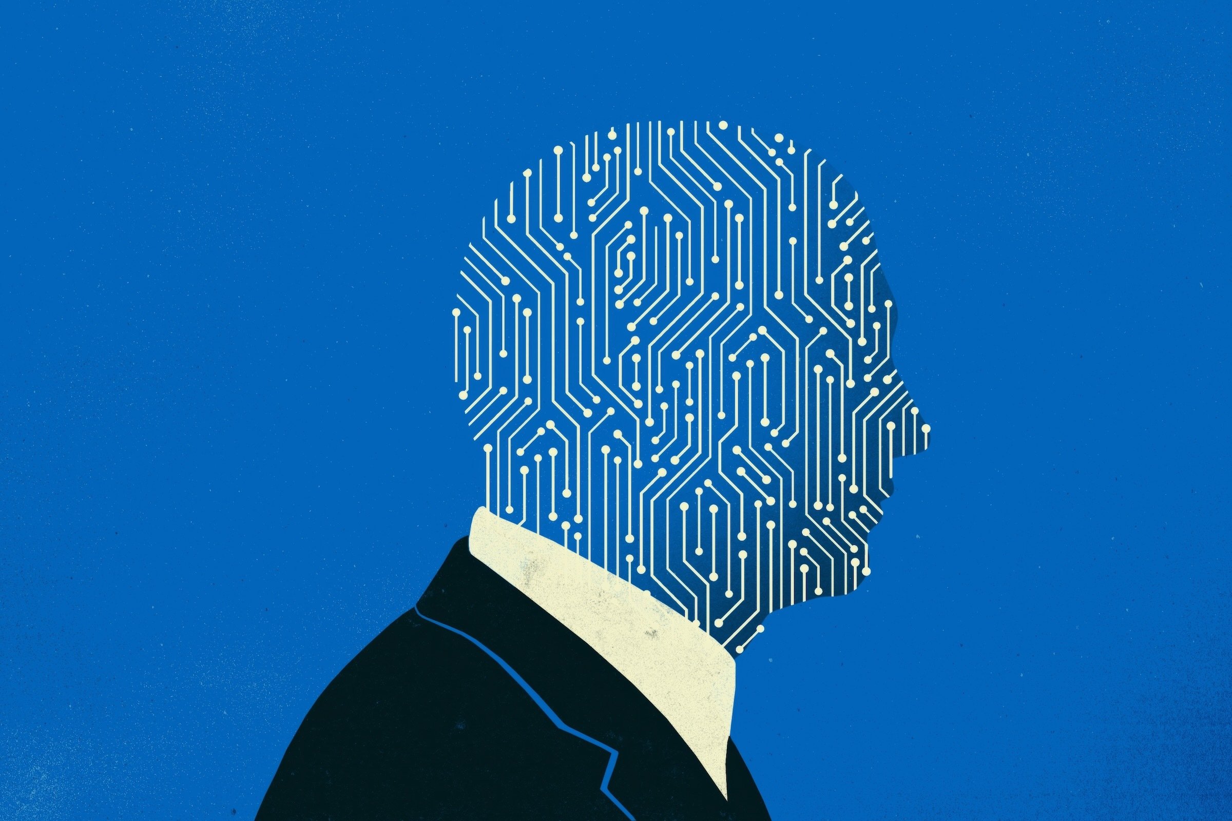 concept art of artificial intelligence with man in suit with circuitry for head
