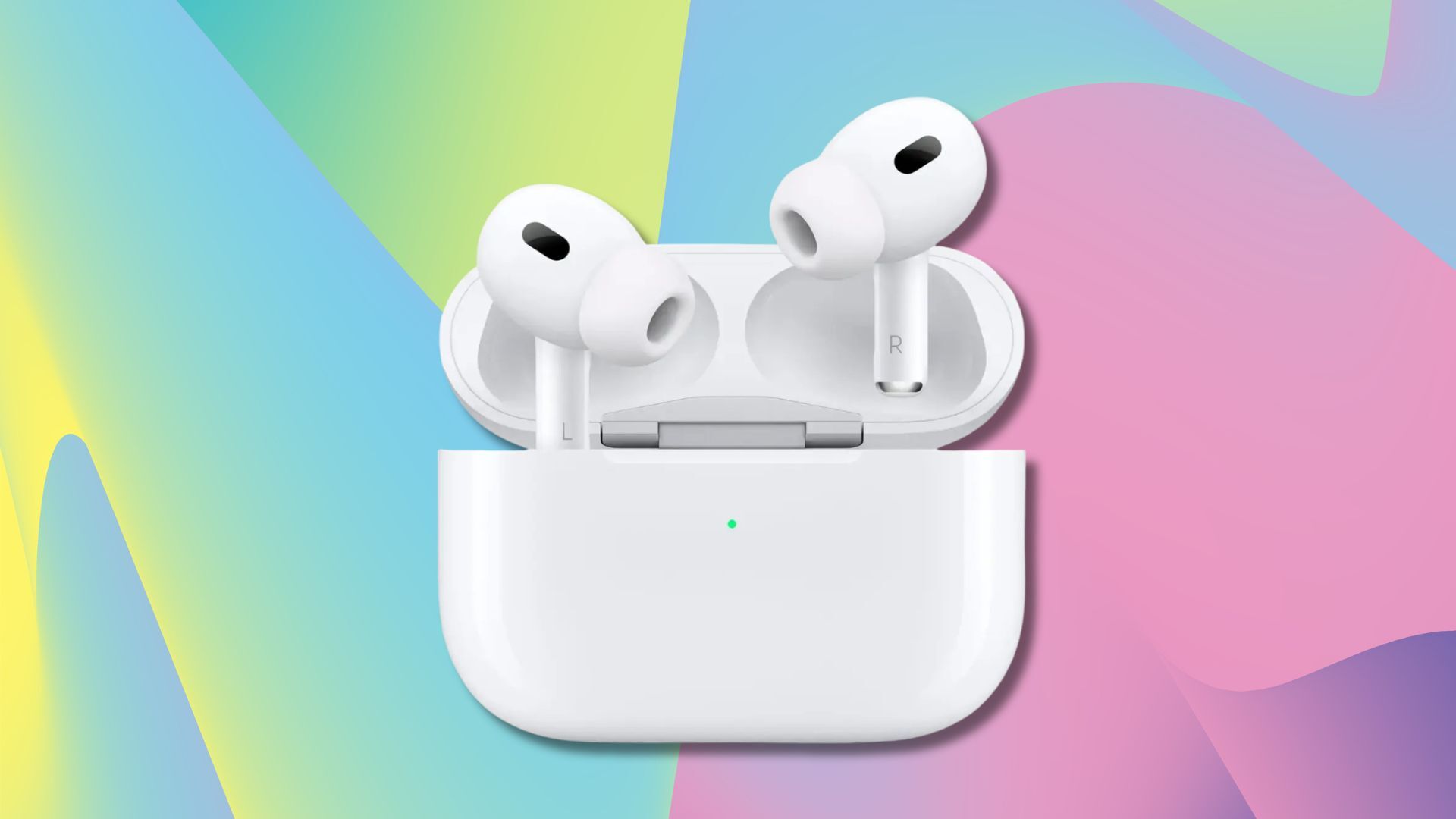 apple airpods pro 2 earbuds in a case against a pink, green, and blue patterned background
