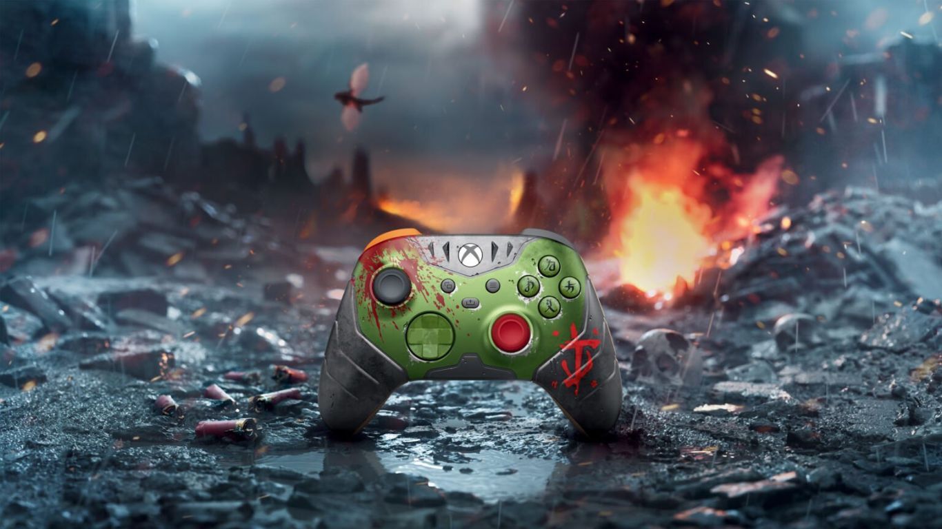 DOOM: The Dark Ages Xbox controller on a battlefield background