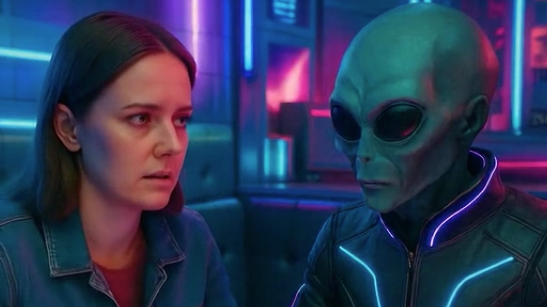 a woman talking to an alien (AI-generated image from character AI)