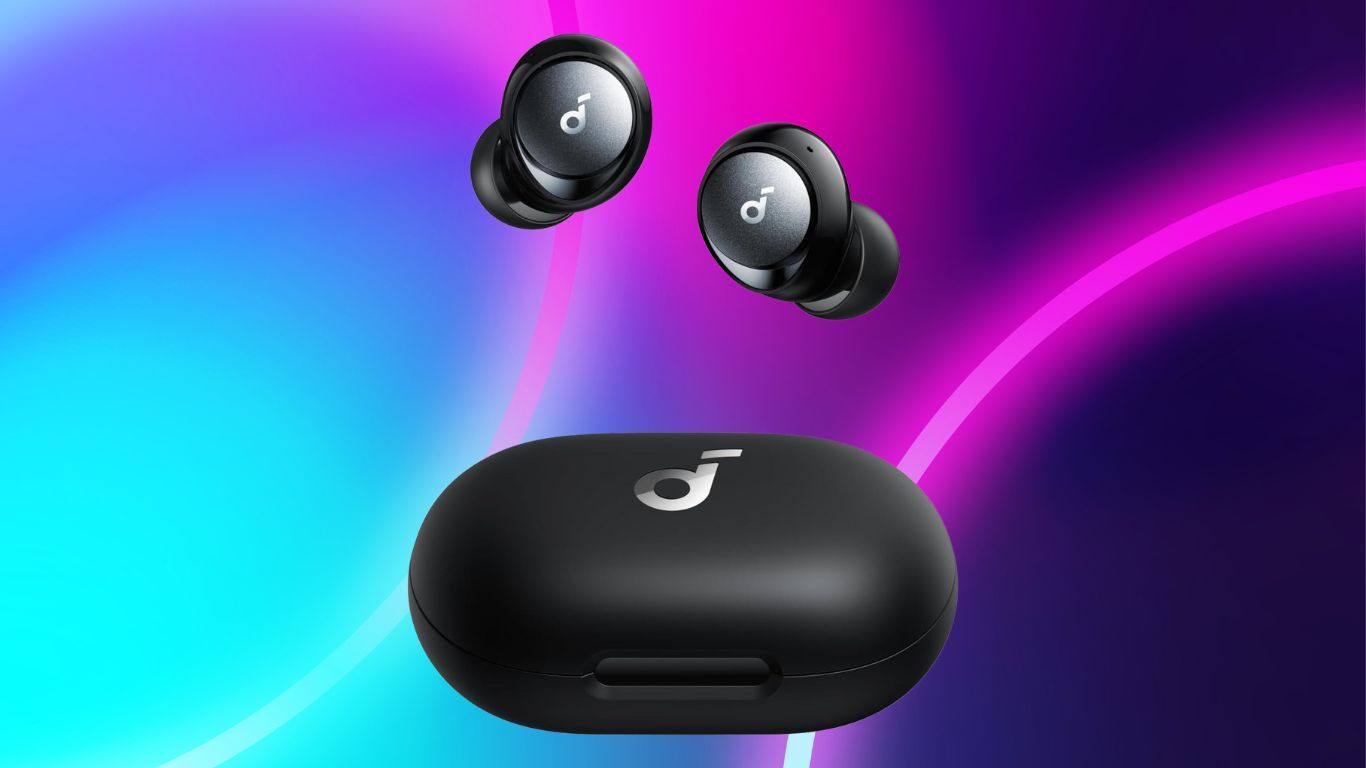 Soundcore Space A40 wireless earbuds on a RGB background