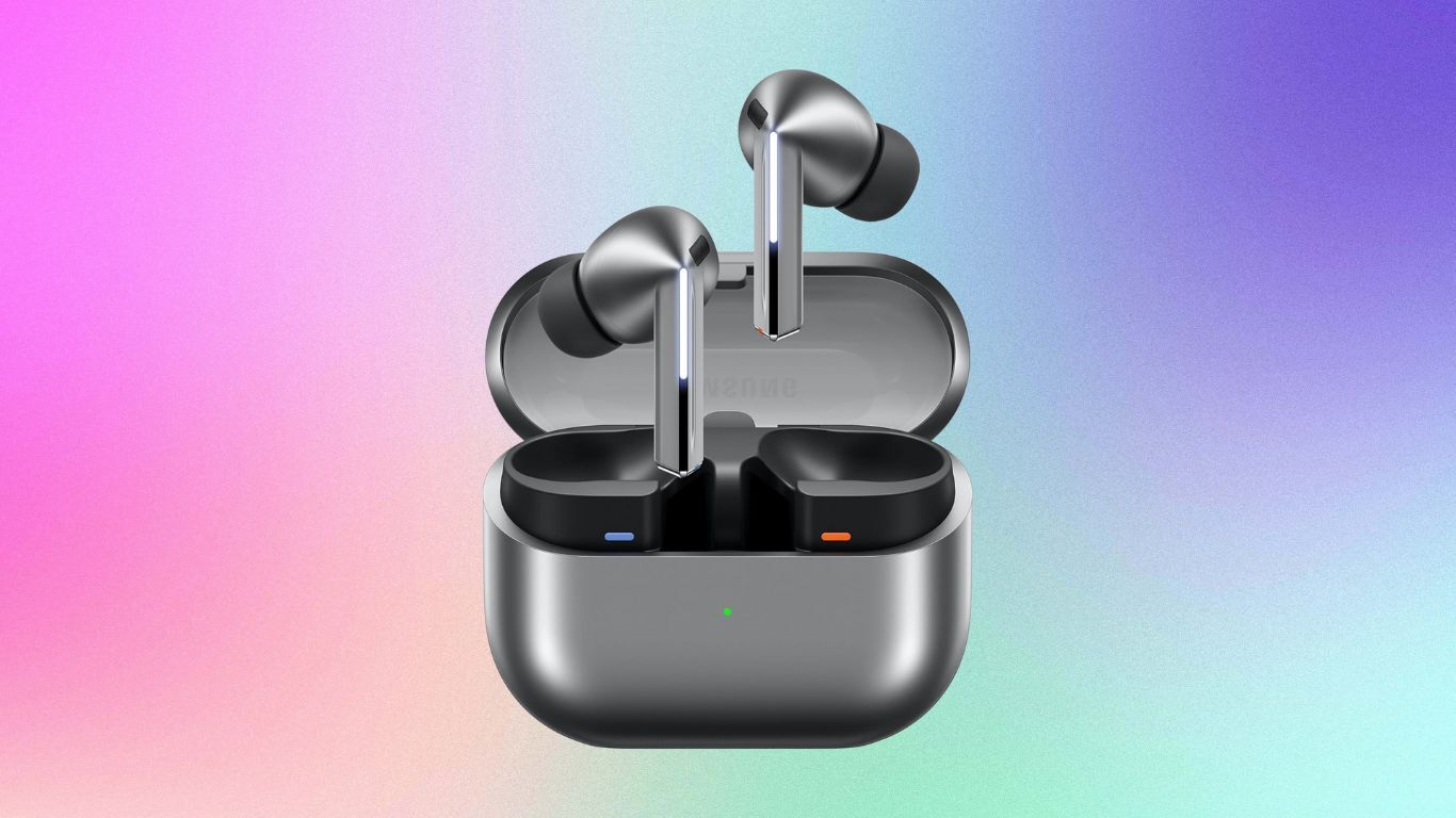 Samsung Galaxy Buds 3 Pro on a pastel gradient background