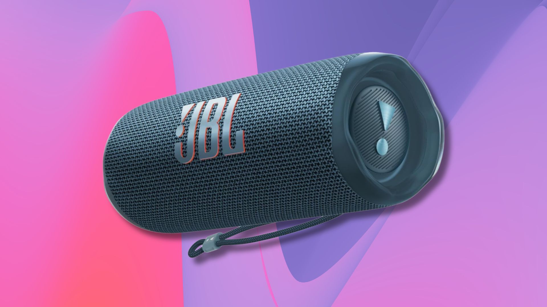 jbl flip 6 portable speaker against a pink and purple wavy background