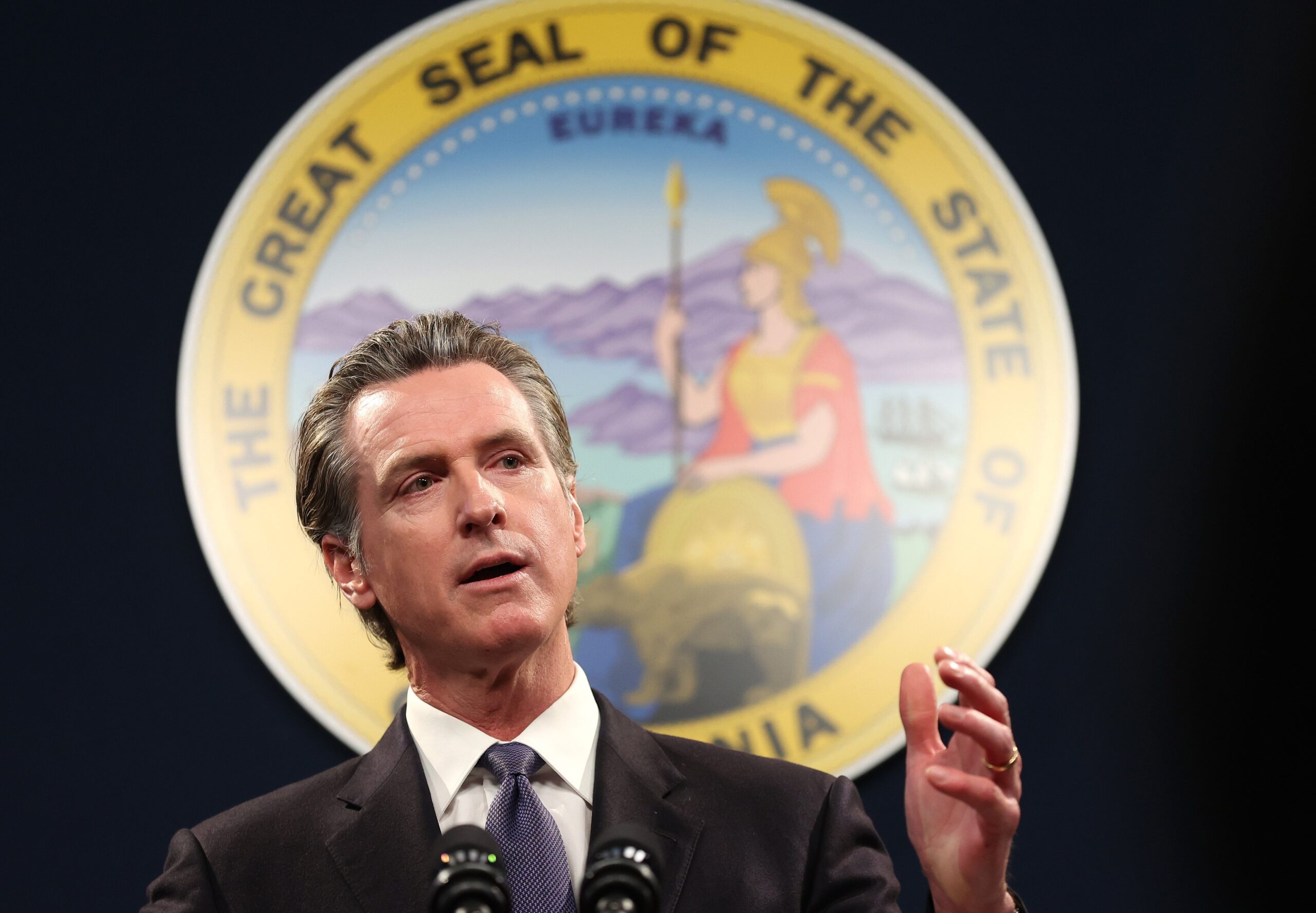 Gavin Newsom speaks at a podium with a large California state seal behind him.