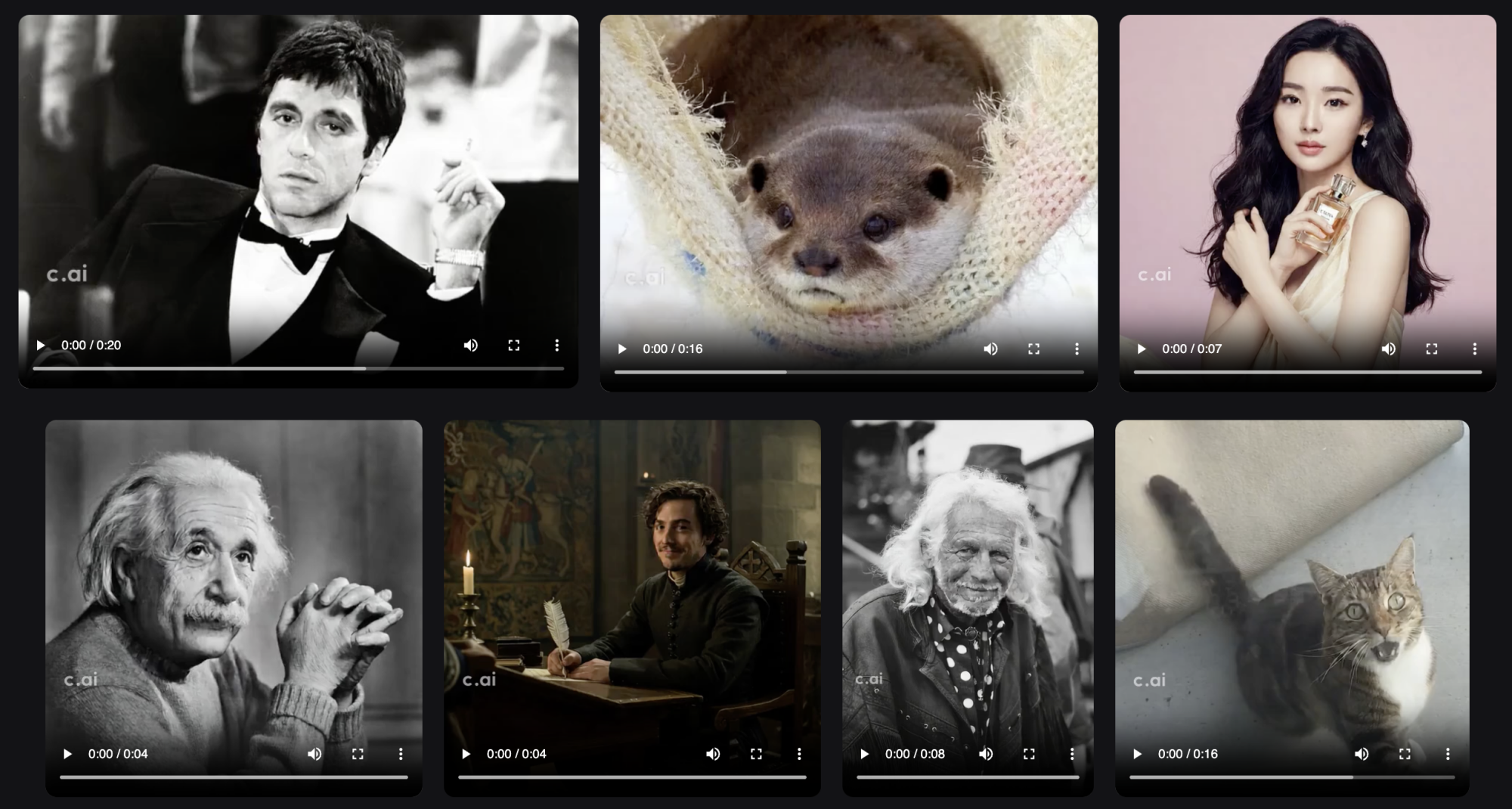 screenshot from the character AI website showing ai-generated video examples