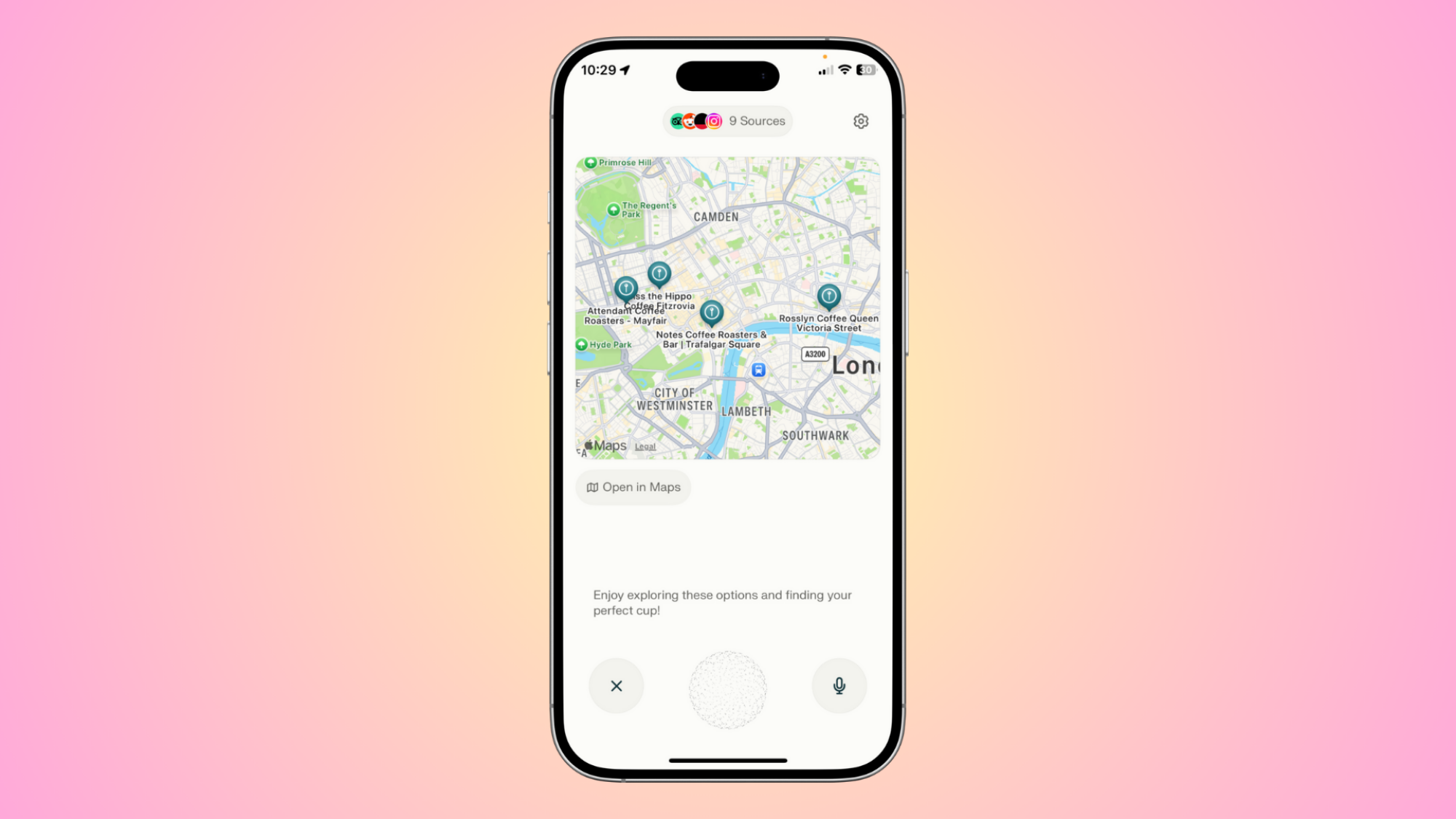 Perplexity's voice assistant shown in a mock-up of an iPhone on a pink background.