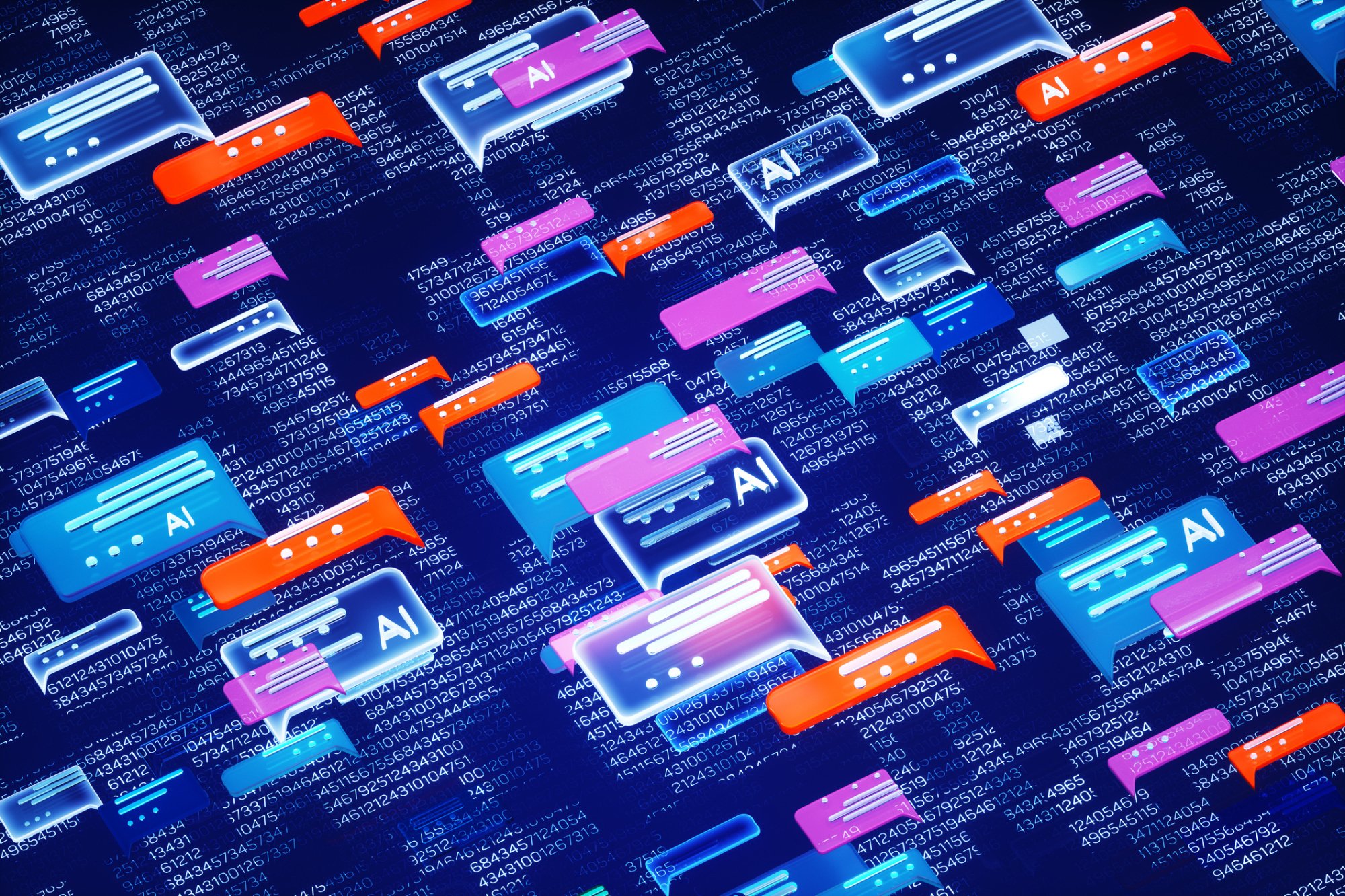 Digital generated image of abstract AI chat icons over digital surface