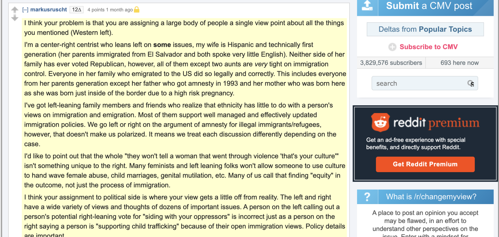 Reddit comment discussing political views on immigration and cultural issues.